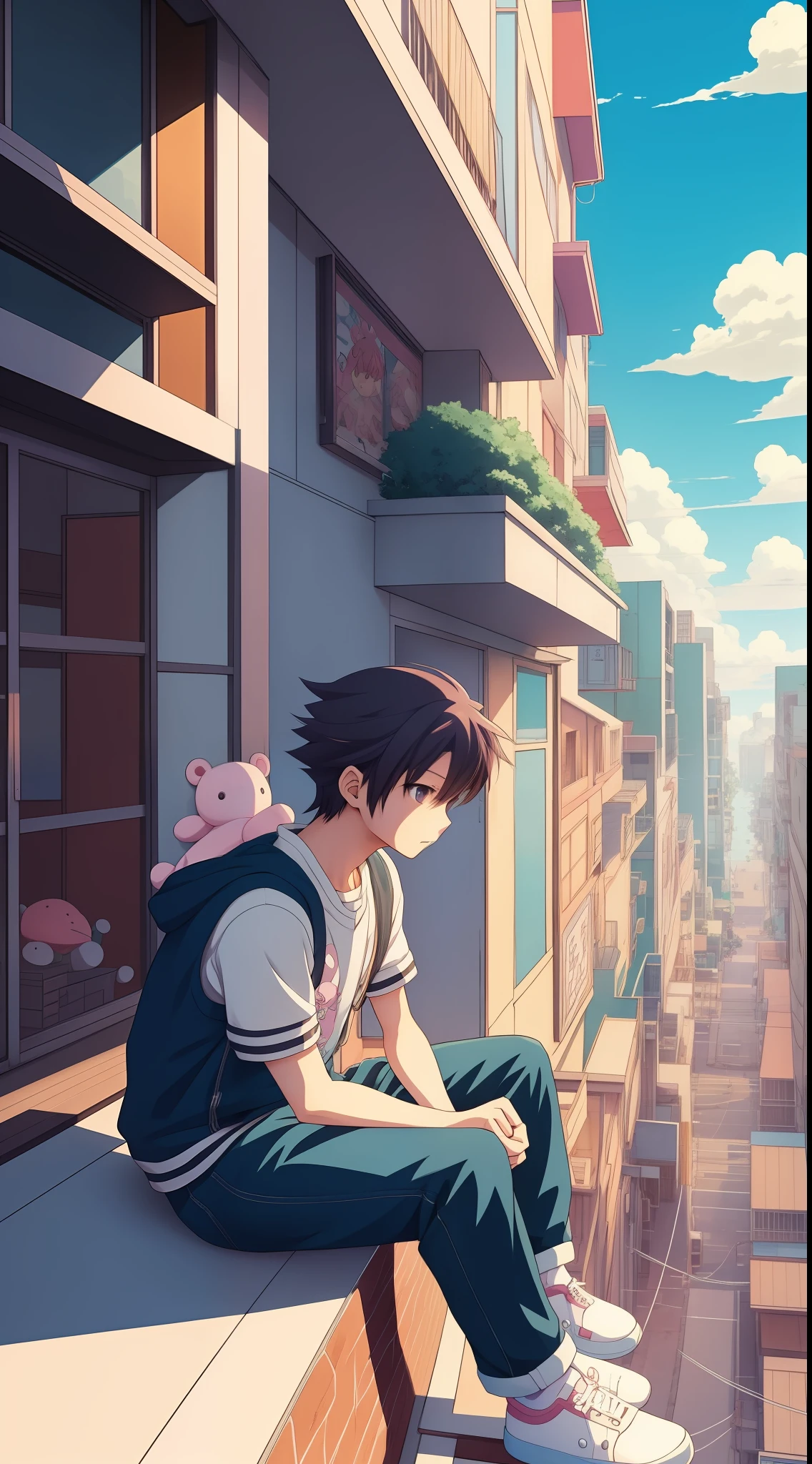 anime boy sitting on a ledge with stuffed animals, cute art style, lofi artstyle, cute detailed digital art, anime aesthetic, cute anime, high quality anime artstyle, anime boy, anime artstyle, cute detailed artwork, soft anime illustration, lofi girl, lofi aesthetic, lofi art, lofi, cute artwork, high quality fanart, illustrated anime