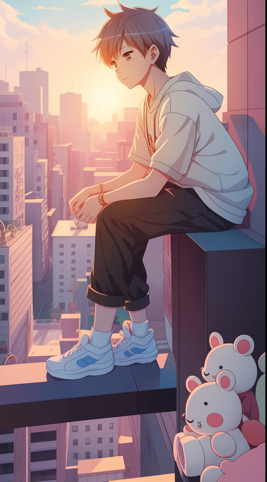 anime boy sitting on a ledge with stuffed animals, cute art style, lofi artstyle, cute detailed digital art, anime aesthetic, cute anime, high quality anime artstyle, anime boy, anime artstyle, cute detailed artwork, soft anime illustration, lofi girl, lofi aesthetic, lofi art, lofi, cute artwork, high quality fanart, illustrated anime