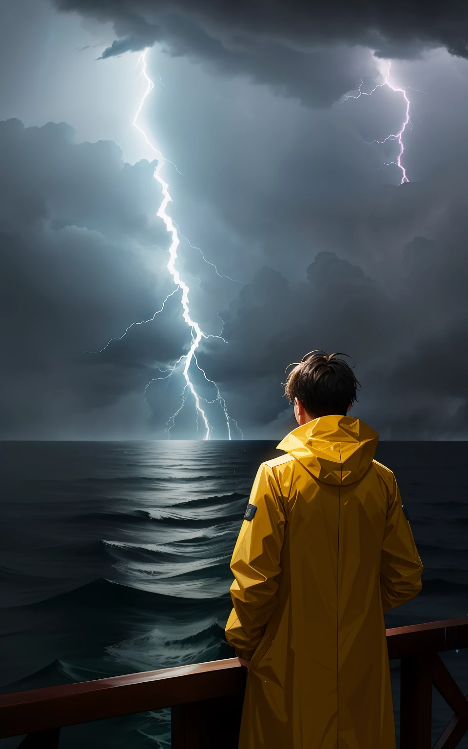 man on the bow of a ship, he is wearing a yellow raincoat, he has his back, looking at the raging ocean, it is raining heavily, lightning and thunder, seen from the back