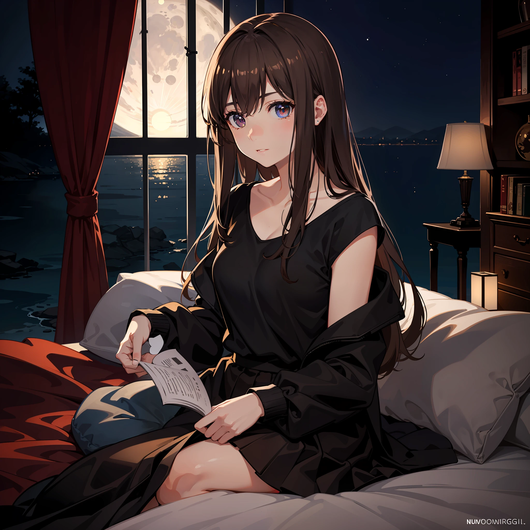 resolution, HighestQuali, illustration, Cinematic light, Ultra detailed, Detailed face, (Detailed eyes), Best quality, ultra - detailed, Masterpiece, (Detailed face),1girll, Girl, Brown hair, black tanktop,Brown coat,Short brown skirt,Brown eyes, highest details, glowing light eyes, medium breats, sit on a bed, Sitting, Bed, window, Night sky, Lake outside, Moon, full moon, back lit lighting, Light rays, (High contrast), (Colorful),
