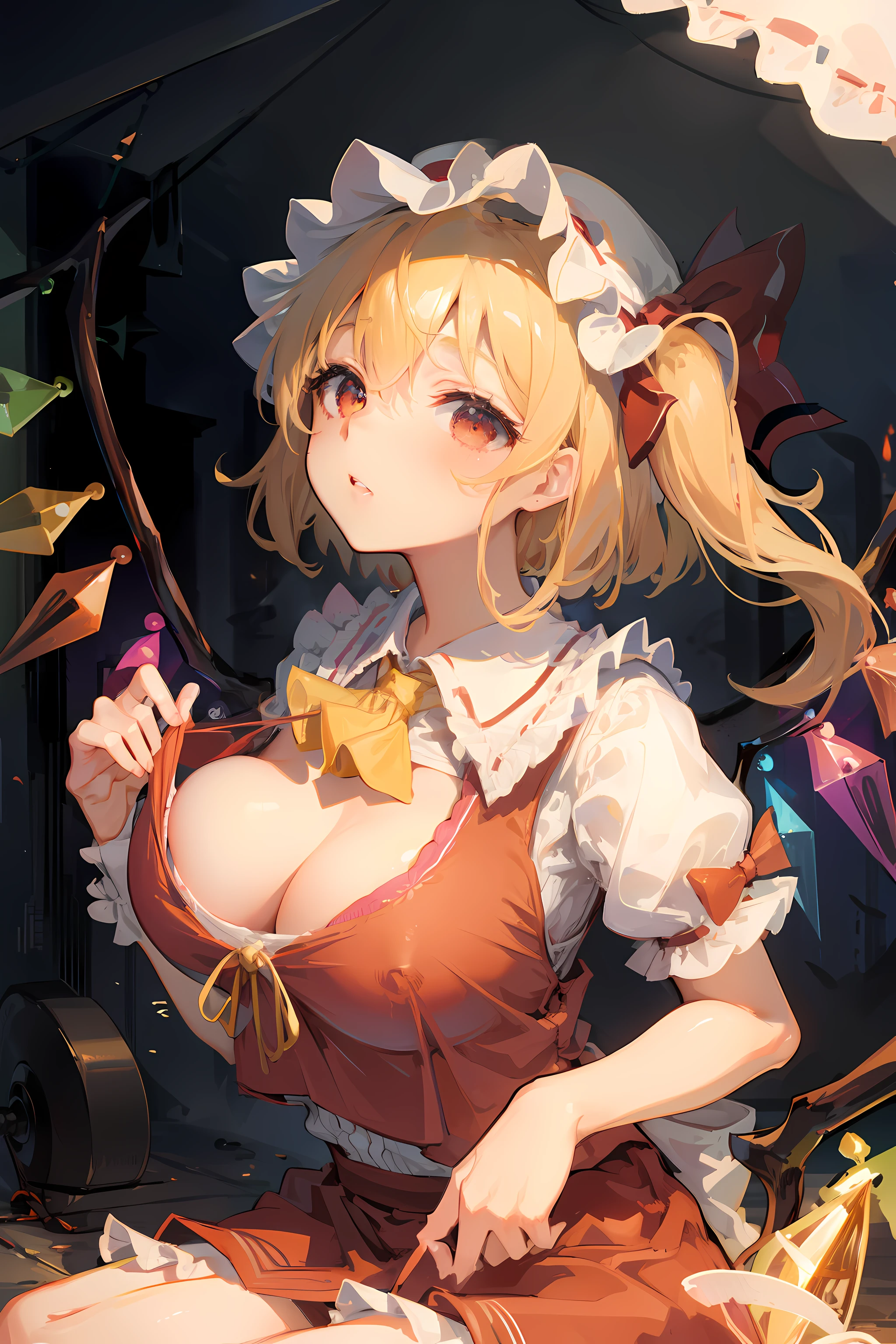 (masterpiece),best quality, expressive eyes, perfect face, 1girl,
big breast, H-cup, good breast, beautiful, gorgeous,anime,girl,lora, floating clothes, tent chest ,
nipple visible though clothes,flandre scarlet,
1girl,blonde hair,mob cap,hair bow,bowtie,side ponytail,wings,short sleeves,vest,ascot,1wings,1 pair of wings,W sitting, w sitting on ground, legs on ground, breast lift,handpull