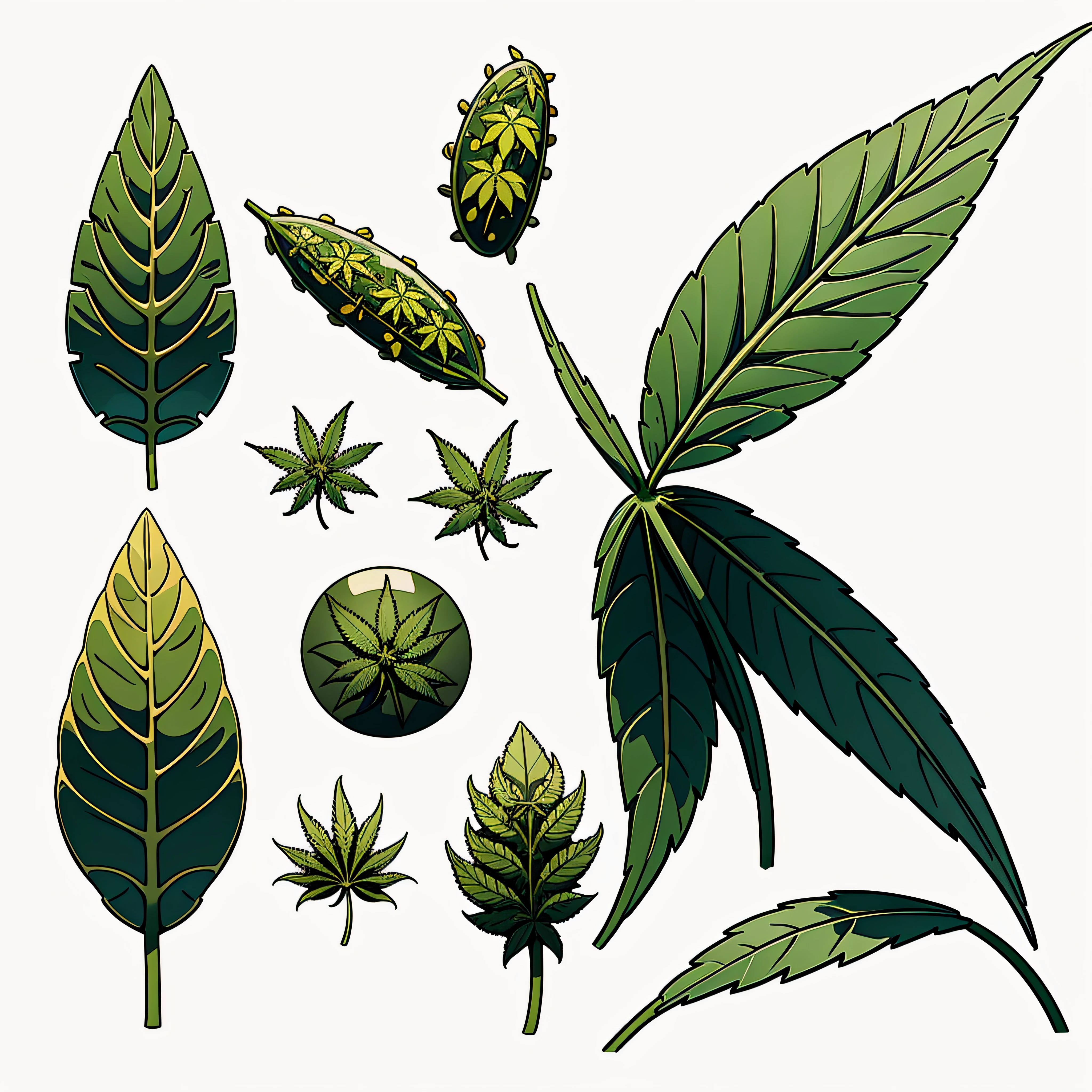high detailed scientific illustration of a cannabis leaf and bud, ink, stencil, badge style, white background