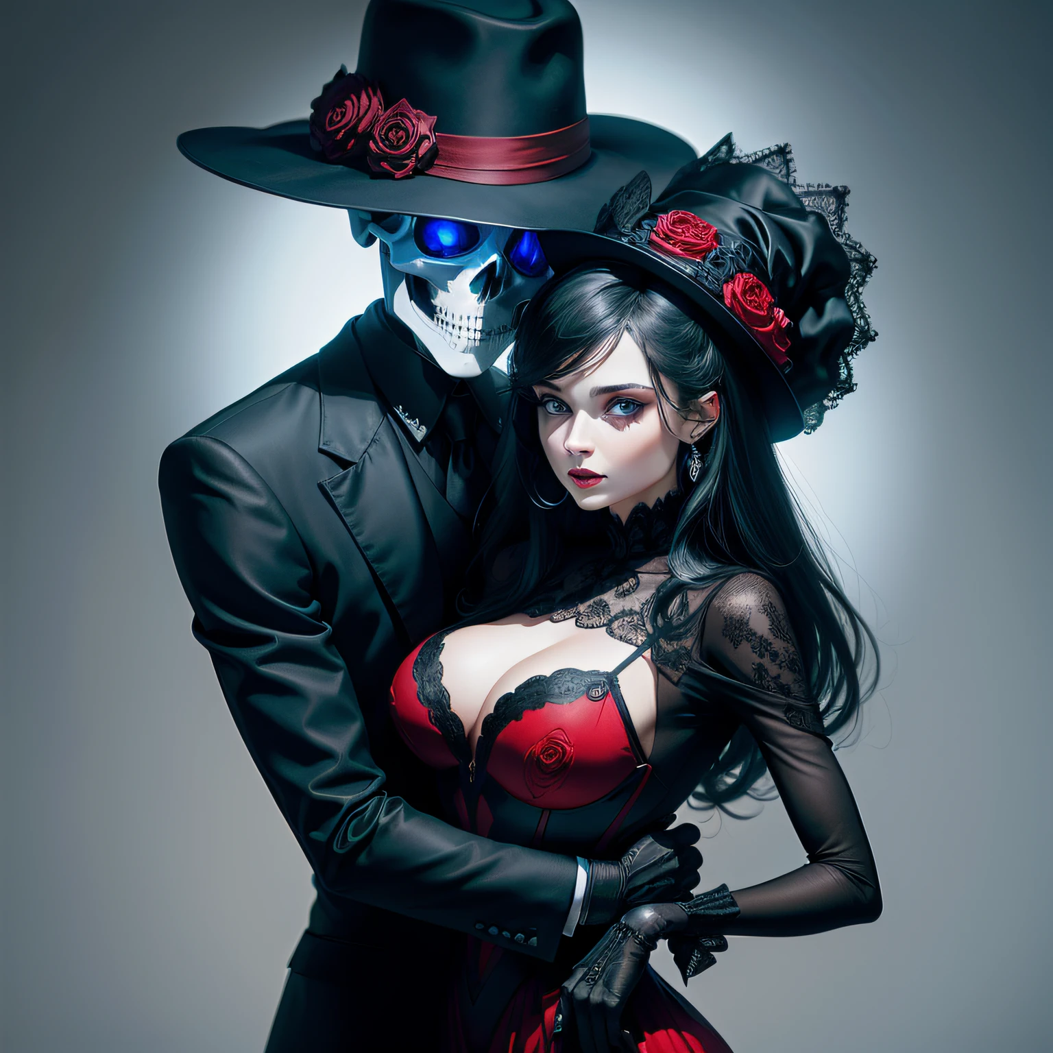 Blue-eyed skeletal skull wearing a black suit and black hat dancing with a woman dressed in red