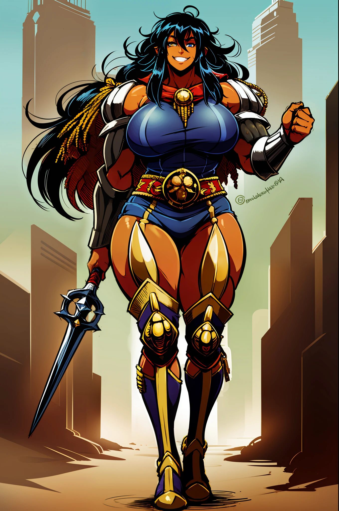 gogo, long hair, black hair, tallgirl,darkskinned-female,, musclegirl, fantasy,barbarian,berserker,huge breast,revealing cloths, full body, boots, holding lance, boots, , walking