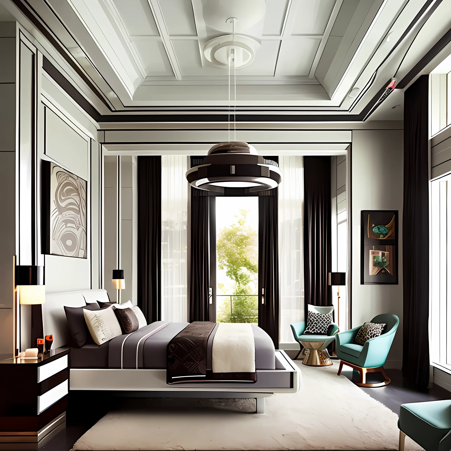 futuristic architectural digest photo of a (cozy upscale)++ (nutella chocolate chip milkshake deco oreo creme futurism)+ bedroom