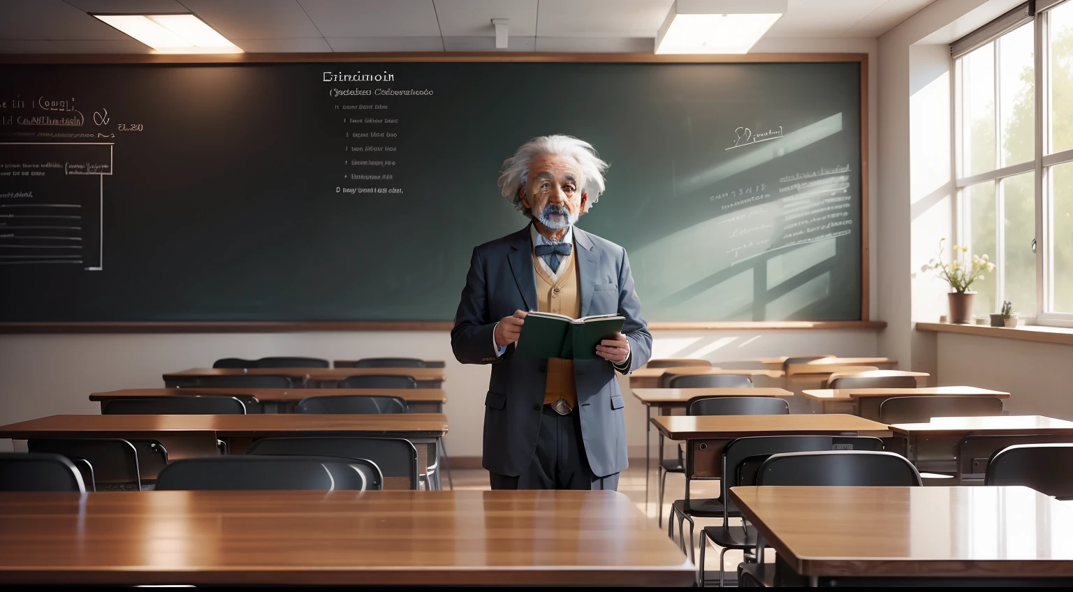 Step 1: The Classroom Setting
Our thumbnail will showcase Albert Einstein within a bustling classroom, symbolizing the nurturing environment where knowledge and ideas flourish. The classroom will be well-lit with large windows, allowing natural light to filter through, fostering an atmosphere of inspiration and discovery.
Step 2: Einstein's Presence
In the center of the classroom, we will position a lifelike portrayal of Albert Einstein. His distinguished appearance and captivating expression will reflect his deep contemplation and boundless curiosity. He will be standing near a chalkboard, seemingly ready to share his revolutionary ideas with the eager students.
Step 3: Surrounding Details
To add depth and authenticity to the scene, we'll include the following surrounding details:
Chalkboard Equations: The chalkboard behind Einstein will display intricate mathematical equations and scientific notations, representing his profound contributions to physics.
Vintage Classroom Furnishings: The classroom will be furnished with vintage desks, chairs, and educational props reminiscent of the early 20th century, reflecting the era of Einstein's groundbreaking work.
Books and Papers: A stack of books and scattered scientific papers on a nearby table will symbolize Einstein's dedication to learning and the pursuit of knowledge.
Inspired Students: Around Einstein, we will place a diverse group of students with expressions of wonder and awe, eager to absorb the wisdom from the genius in their midst.
Step 4: Lighting and Atmosphere
The lighting will cast a warm and inviting glow, creating a sense of camaraderie and intellectual exchange within the classroom. The atmosphere will exude an air of excitement and academic curiosity, echoing the impact Einstein had on countless students and scholars.