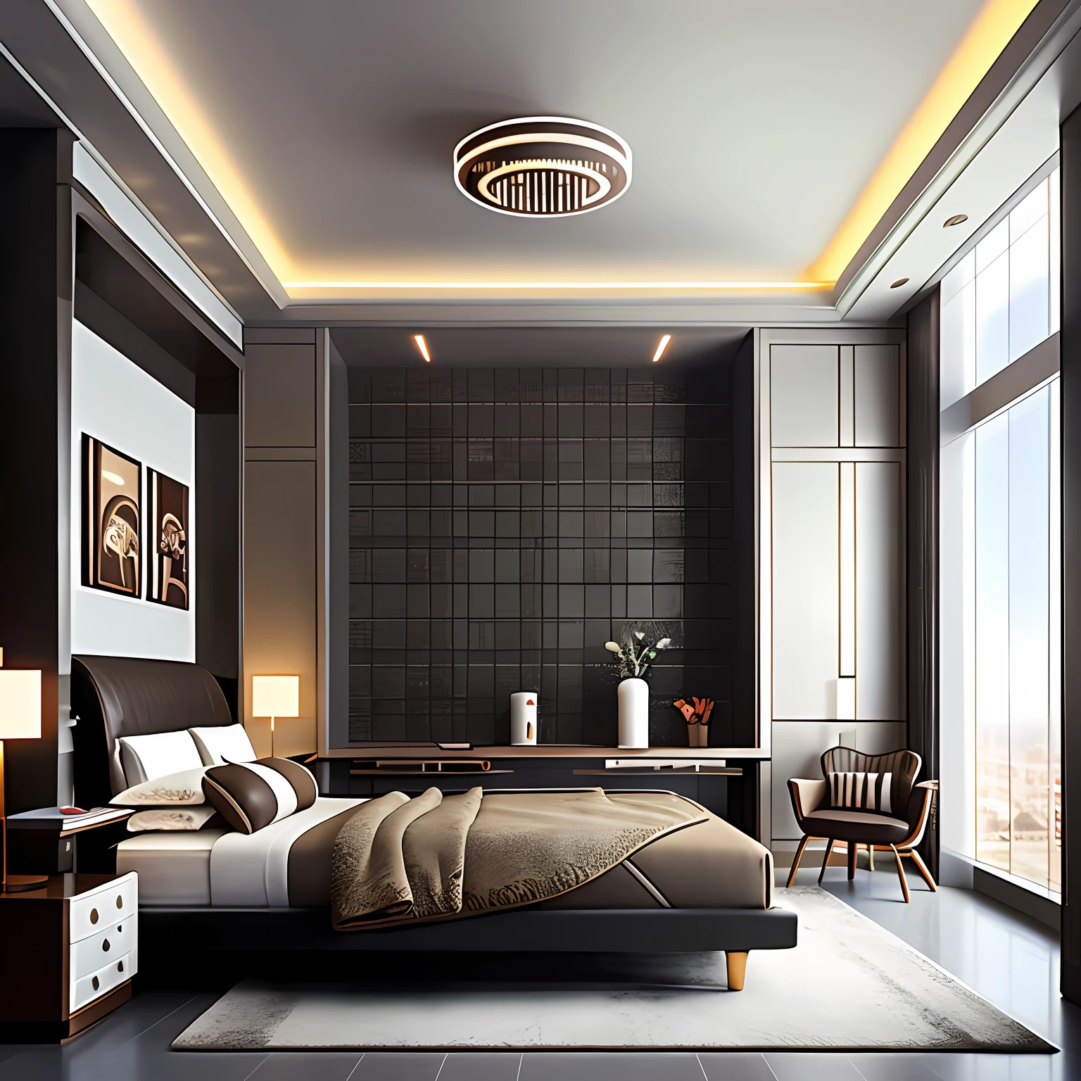 futuristic architectural digest photo of a (cozy upscale)++ (nutella chocolate chip milkshake deco oreo creme futurism)+ bedroom