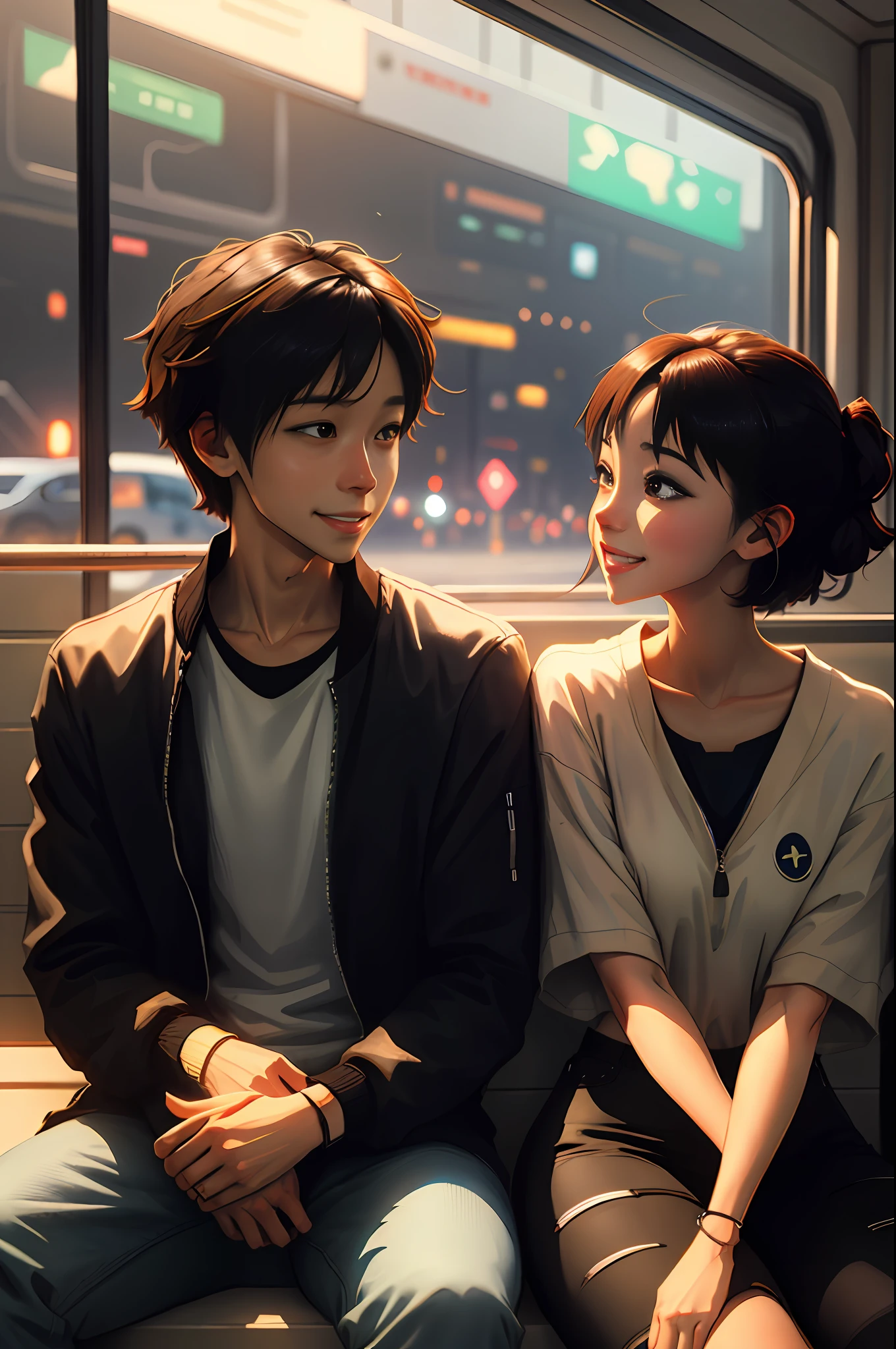 Anime couple sitting on a bus looking at each other, sorrindo, felizes, hand in, Art not Guweiz style, belo estilo de arte de anime, belo estilo anime, belo anime, bela cena de anime, Sakimichan e Makoto Shinkai, imagem de anime, Guweiz, 8k)), Guweiz e Makoto Shinkai, pin em anime, Estilo anime 4K