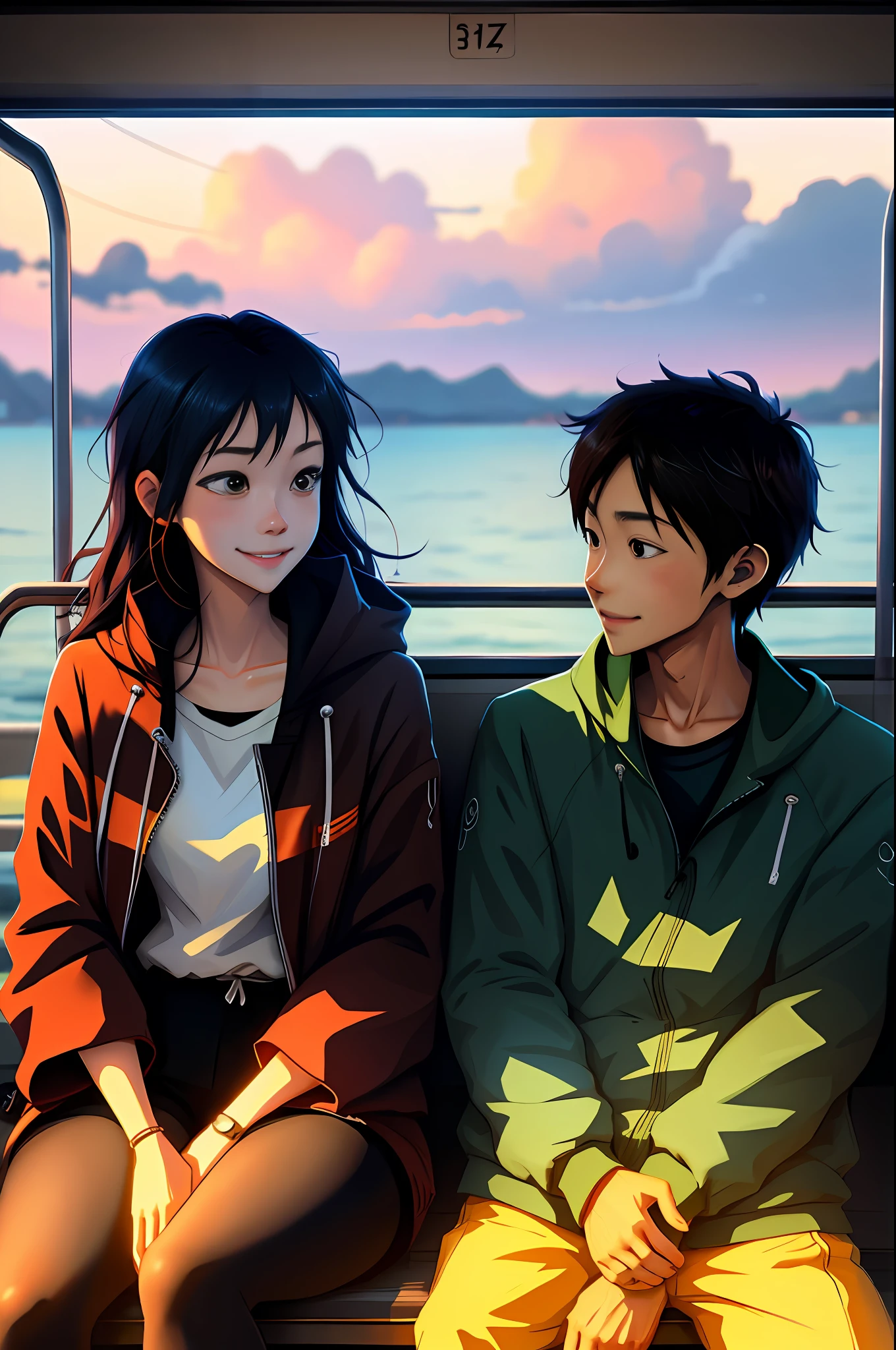 Anime couple sitting on a bus looking at each other, sorrindo, felizes, arte no estilo de guweiz, belo estilo de arte de anime, belo estilo anime, belo anime, bela cena de anime, sakimichan e makoto shinkai, imagem de anime, guweiz, 8k)), guweiz e makoto shinkai, pin em anime, estilo anime 4k