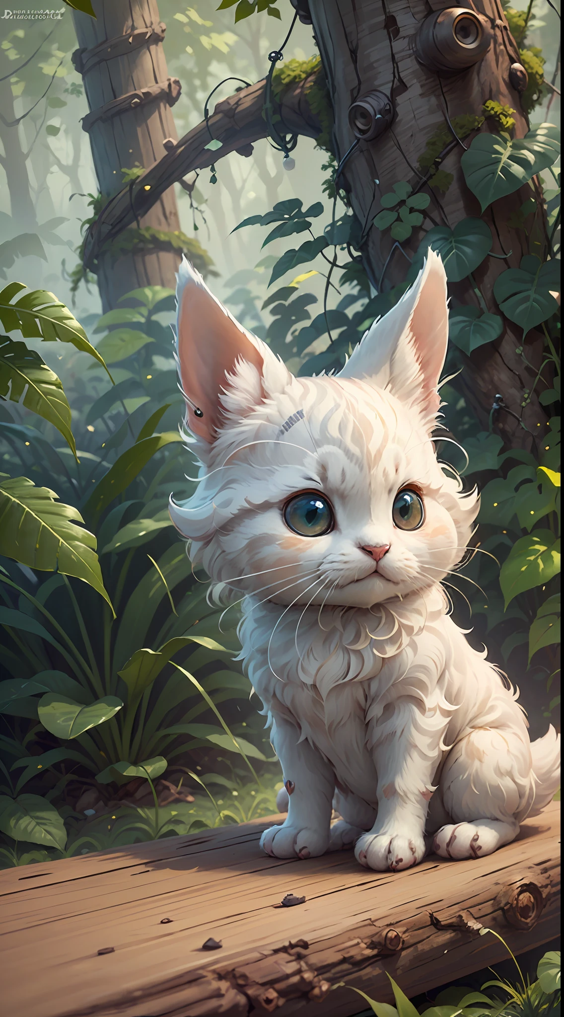 There is a little white cat sitting on a log with a camera, one eye to take pictures, cute digital art, cute digital painting, cute detailed digital art, cute 3 D rendering, cute cartoon characters, cute anthropomorphic rabbit, cute cartoon, cute detailed artwork, cute cute art, cute cute photos, cute animals, cute cute characters, cute creatures