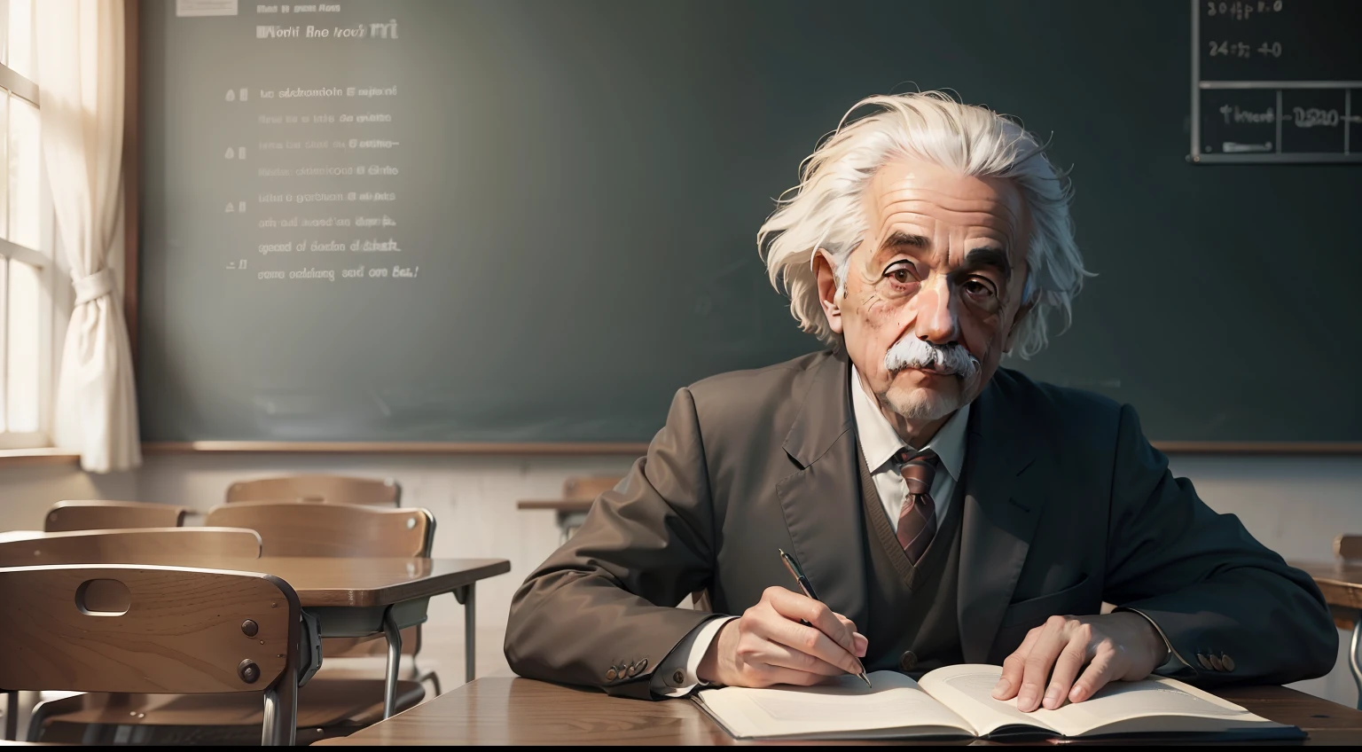 Step 1: The Classroom Setting
Our thumbnail will showcase Albert Einstein within a bustling classroom, symbolizing the nurturing environment where knowledge and ideas flourish. The classroom will be well-lit with large windows, allowing natural light to filter through, fostering an atmosphere of inspiration and discovery.
Step 2: Einstein's Presence
In the center of the classroom, we will position a lifelike portrayal of Albert Einstein. His distinguished appearance and captivating expression will reflect his deep contemplation and boundless curiosity. He will be standing near a chalkboard, seemingly ready to share his revolutionary ideas with the eager students.
Step 3: Surrounding Details
To add depth and authenticity to the scene, we'll include the following surrounding details:
Chalkboard Equations: The chalkboard behind Einstein will display intricate mathematical equations and scientific notations, representing his profound contributions to physics.
Vintage Classroom Furnishings: The classroom will be furnished with vintage desks, chairs, and educational props reminiscent of the early 20th century, reflecting the era of Einstein's groundbreaking work.
Books and Papers: A stack of books and scattered scientific papers on a nearby table will symbolize Einstein's dedication to learning and the pursuit of knowledge.
Inspired Students: Around Einstein, we will place a diverse group of students with expressions of wonder and awe, eager to absorb the wisdom from the genius in their midst.
Step 4: Lighting and Atmosphere
The lighting will cast a warm and inviting glow, creating a sense of camaraderie and intellectual exchange within the classroom. The atmosphere will exude an air of excitement and academic curiosity, echoing the impact Einstein had on countless students and scholars.