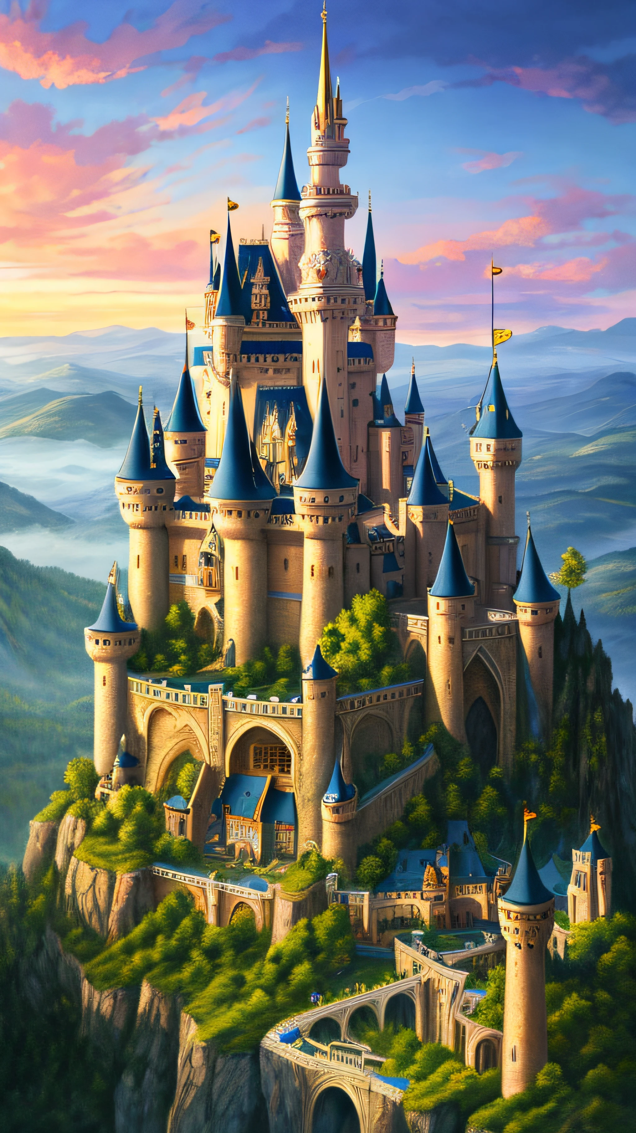 magical fairy tale castle. sunny morning. close-up, precise details. 8k resolution. 3:2 ratio. very high drawing skills. very stunning view. stunning lighting effects. thick medieval fantasy illustrations. very large area.