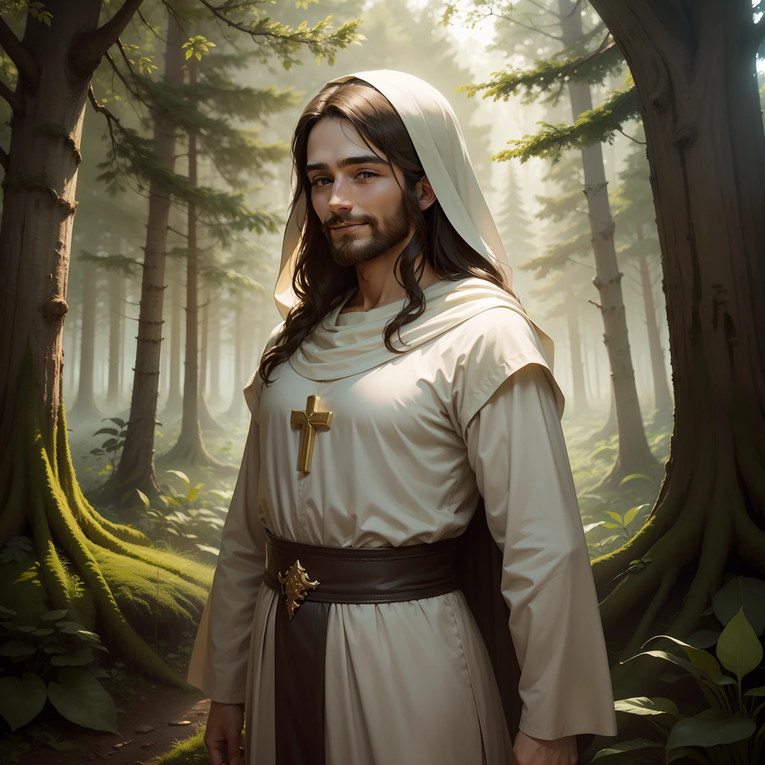 "Jesus Christ, serene, smiling amid the majestic trees of the lush forest."
