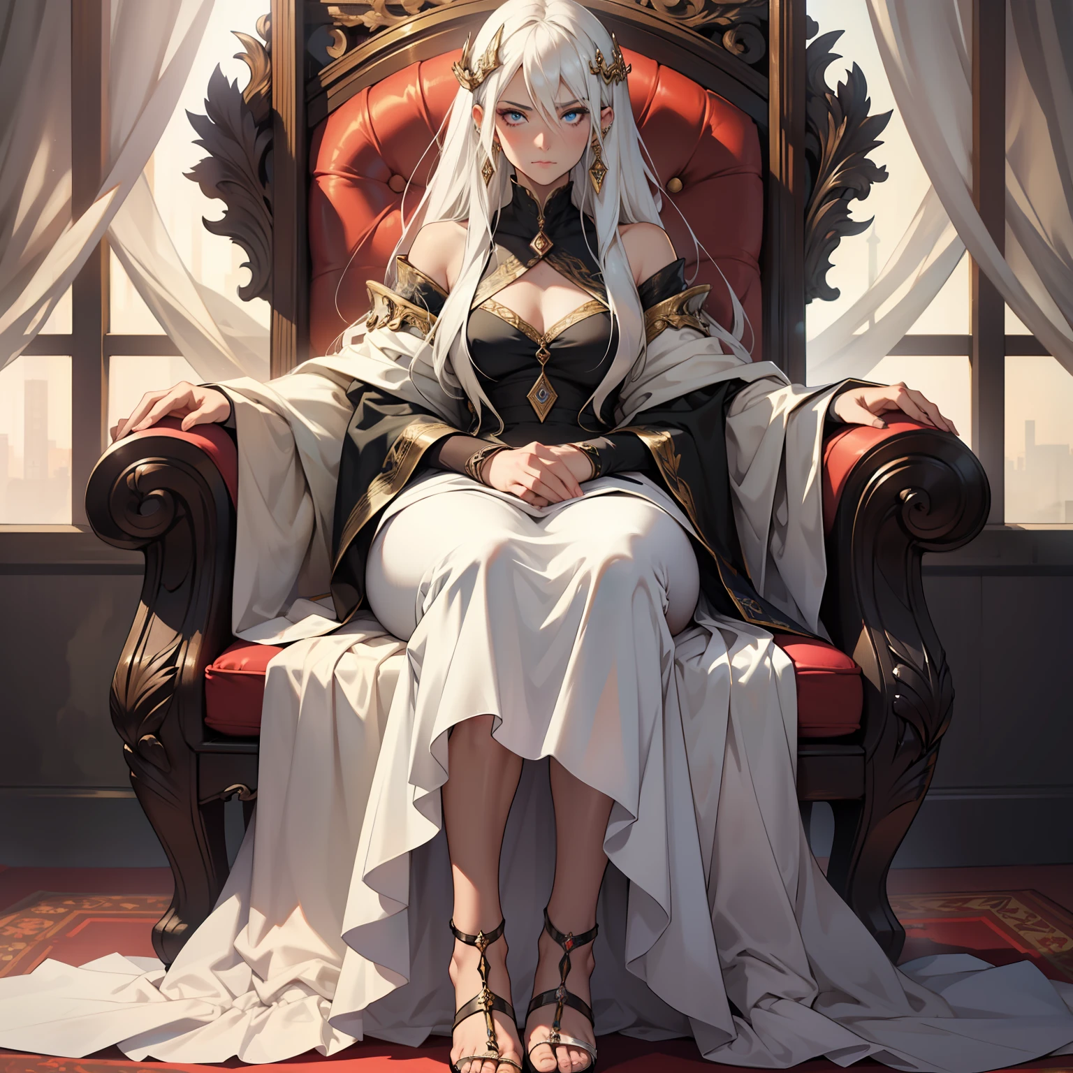 Sitting on her throne, my mother has long, silky, white hair that flows down to her feet. She has deep, piercing eyes that are dark and brooding. She has a petite, delicate frame and is often seen dressed in fine fabrics.
My mother is not someone to be messed with. She is wise, powerful, and commands respect. She is the epitome of grace and beauty.