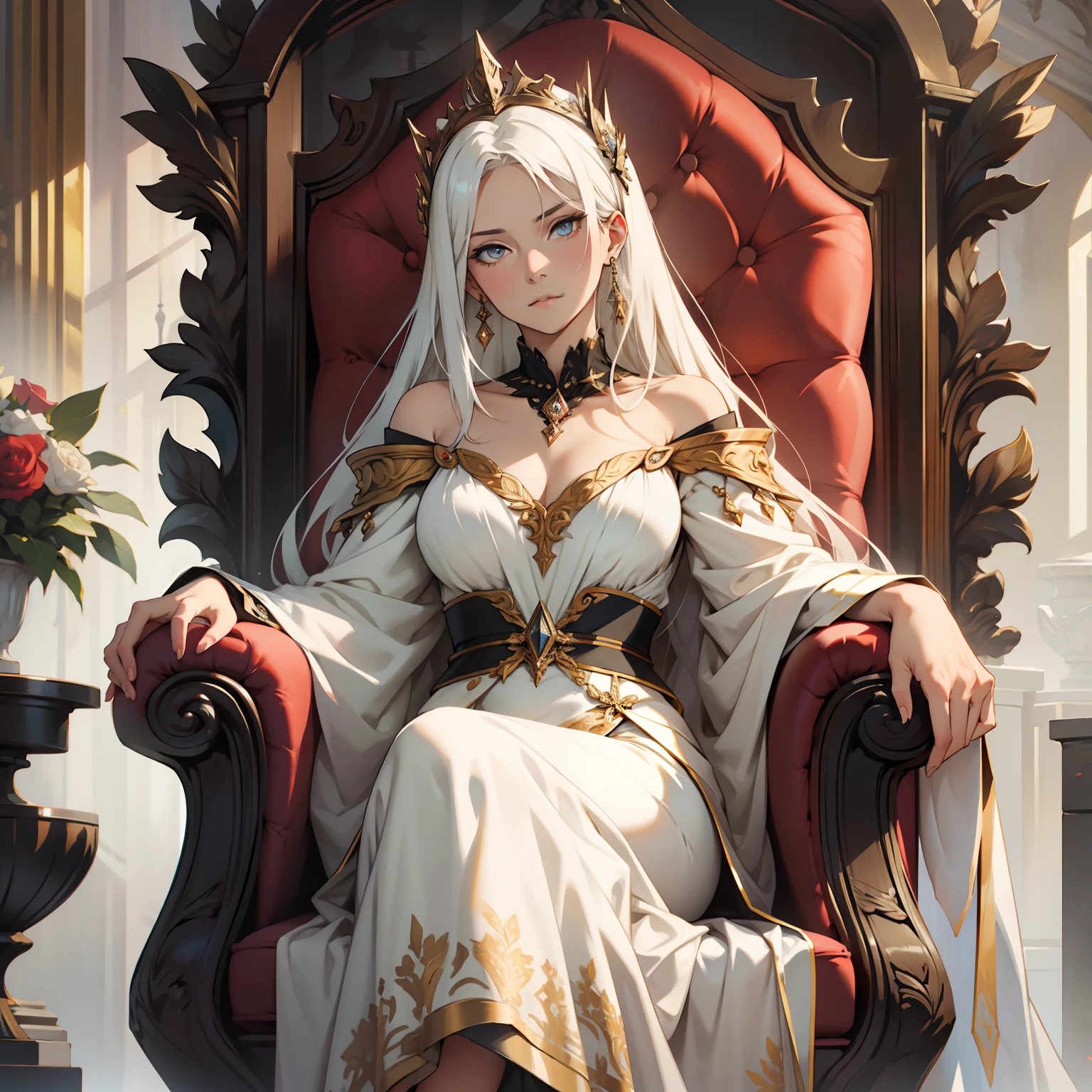 Sitting on her throne, my mother has long, silky, white hair that flows down to her feet. She has deep, piercing eyes that are dark and brooding. She has a petite, delicate frame and is often seen dressed in fine fabrics.
My mother is not someone to be messed with. She is wise, powerful, and commands respect. She is the epitome of grace and beauty.