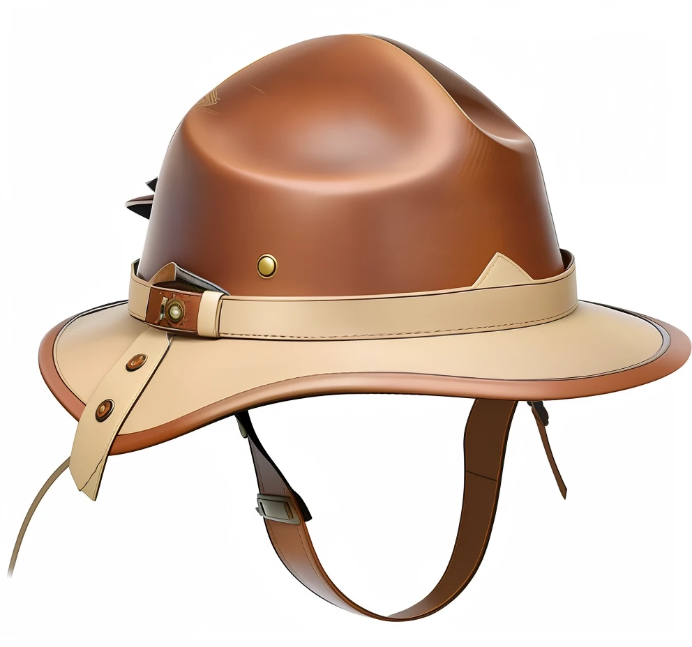 a closeup of a leather hat with a leather strap, capacete de soldado, brown hat, leather hunting attire, Capacete intrigante, fancy hat, small hat, Steampunk hat, sem fundo branco