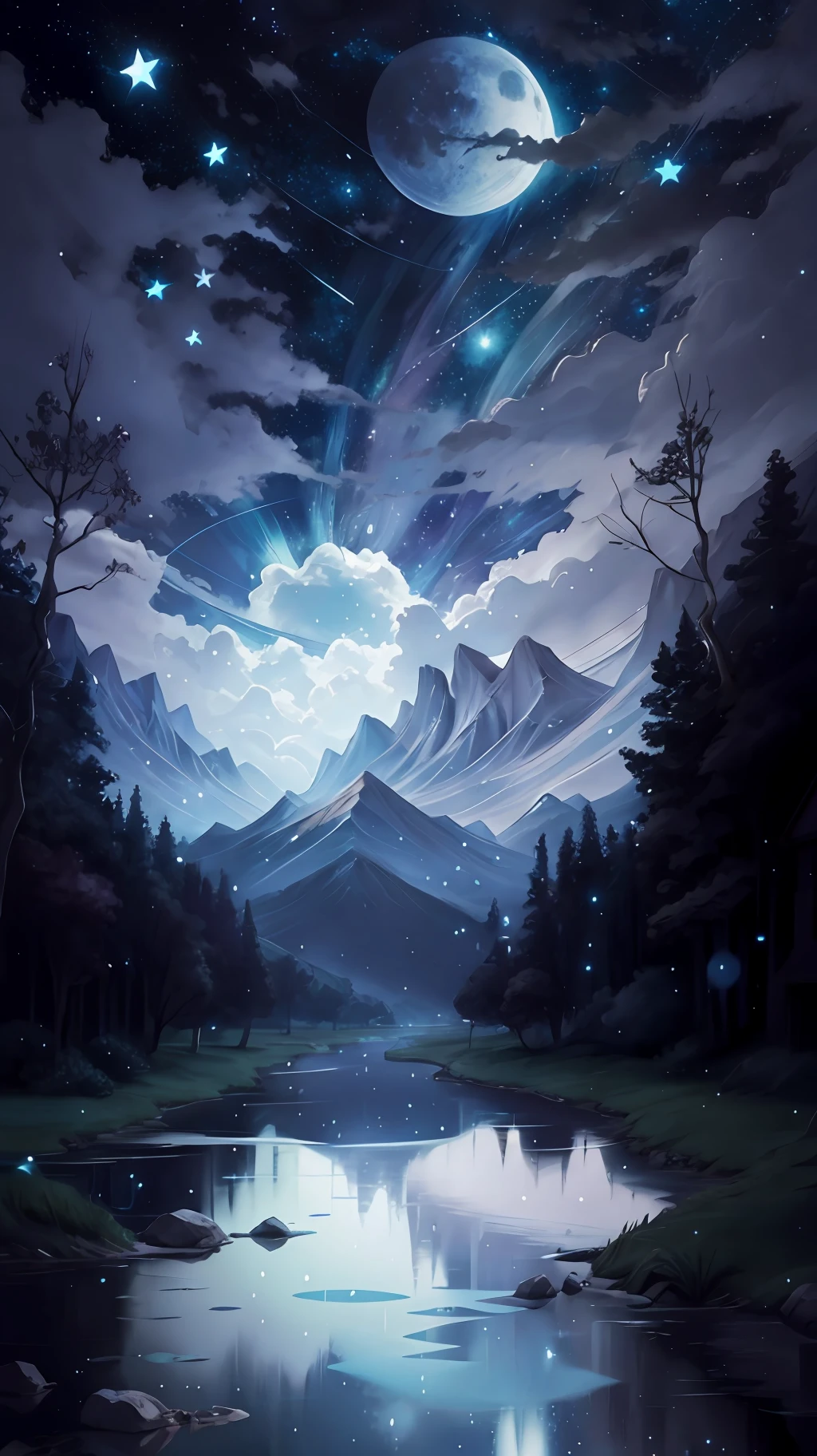 A painting of a river with stars and moon in the sky, arte conceitual, melhor qualidade, Arte de Fantasia, Houses near the creek, bela cena de anime, uma lua brilhante, ambiente estrelado ao luar, pintura de sonho, arte de fundo do anime, Fantastic Landscape Art, Noite de Fantasia, Fundo do anime, arte de fundo, Fantastic Art, atmospheric anime, Starry sky, Detalhe Aprimorado.