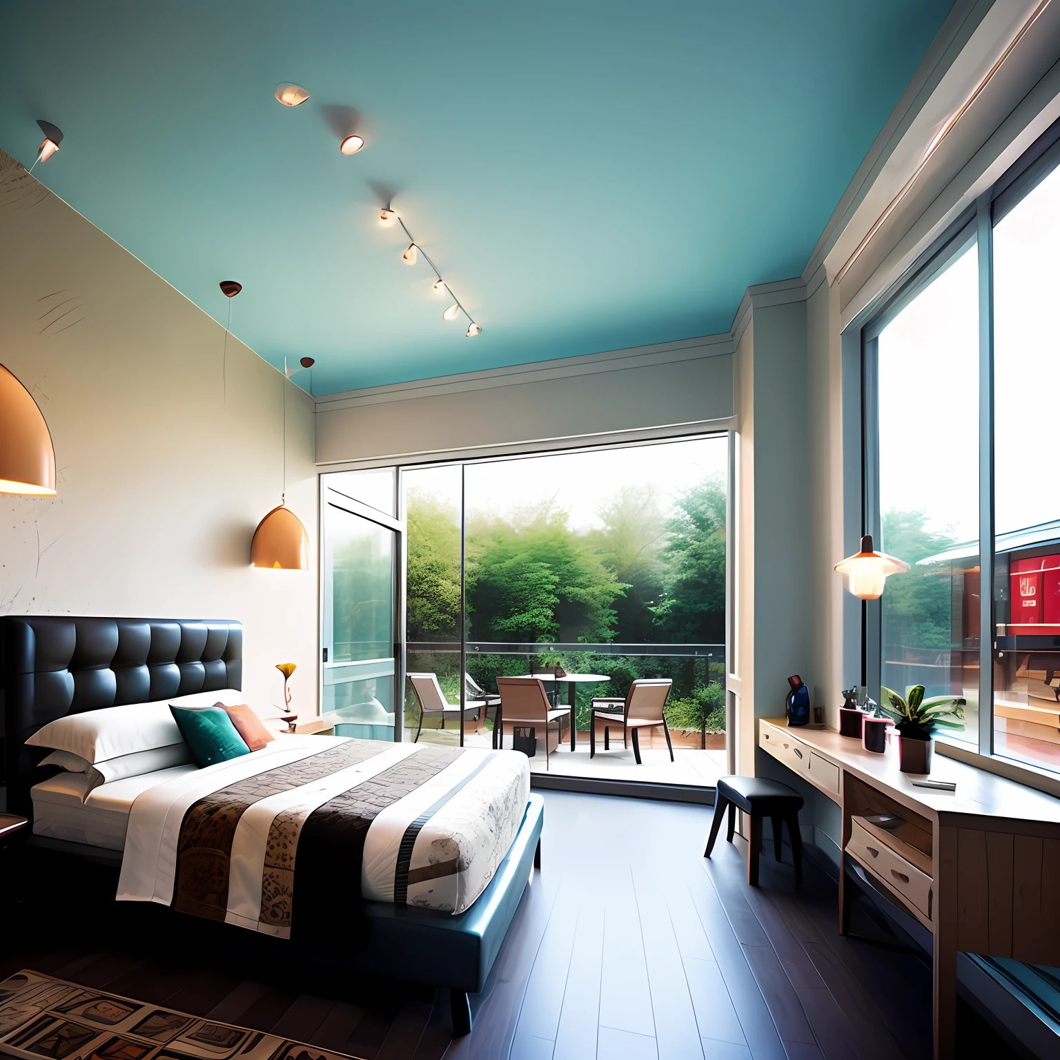 futuristic architectural digest photo of a (cozy upscale)++ (nutella chocolate chip milkshake deco oreo creme futurism)+ bedroom