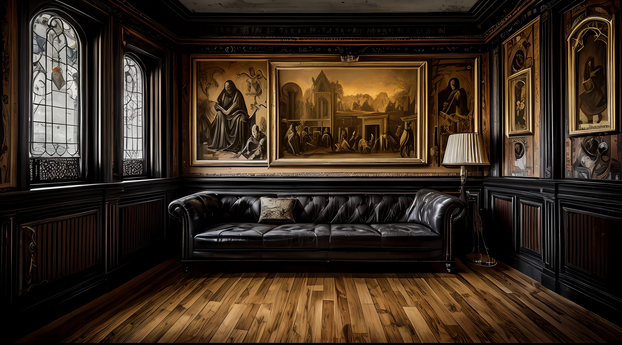 n style Gothic punk art , Interior design,Gothpunk vibe，Terror tone，Dark tones，Skeleton frescoes vintage Gothic，Realistic, ultra-wide-angle, ultra very long shot, sony a7r, Highly detailed, 8K resolution,