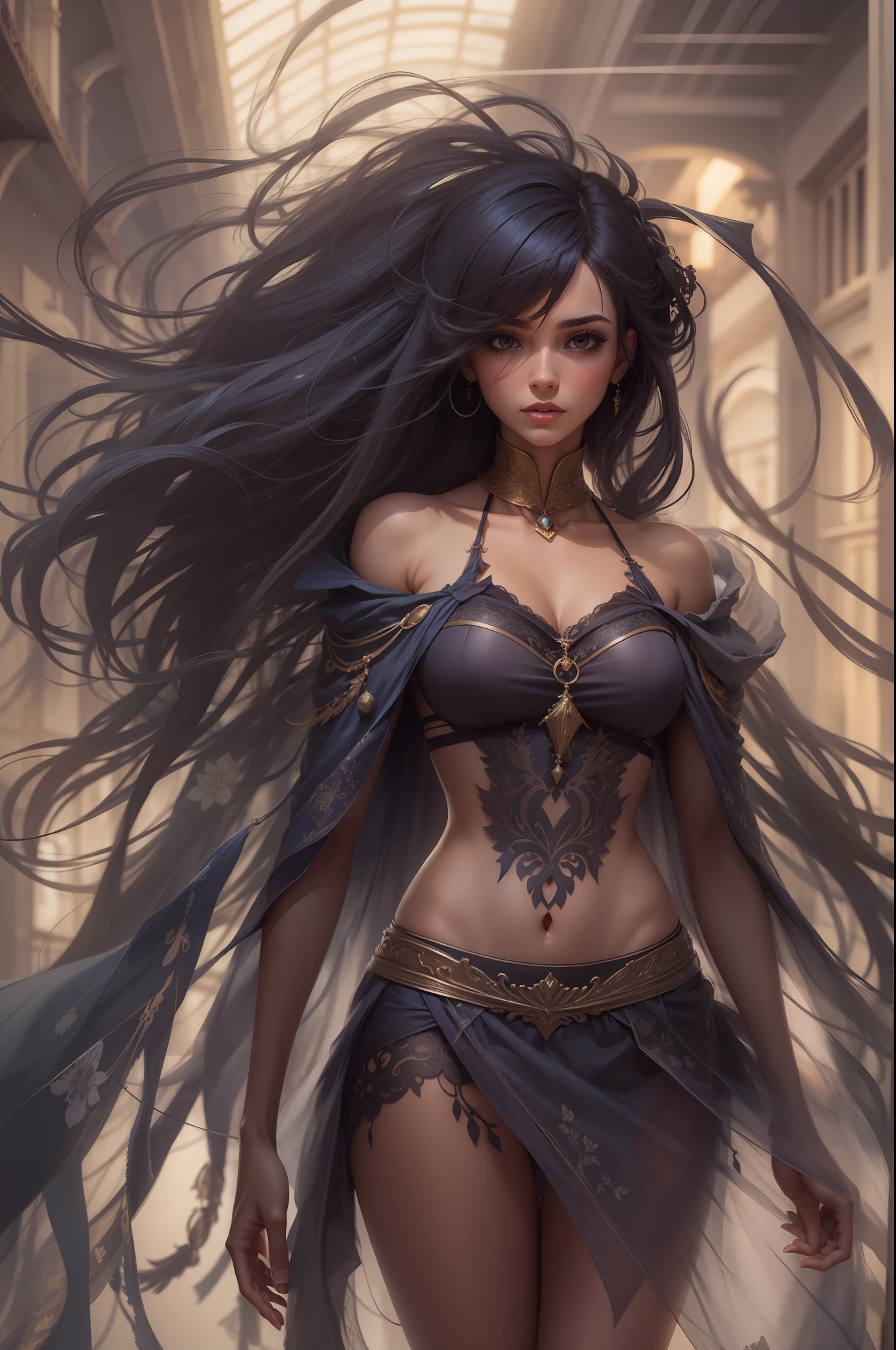 Uma mulher de cabelos pretos longos com franja, wearing underwear, seminua, Arte de Fantasia, alto detalhe, imagem de corpo inteiro, imagem em alto detalhe