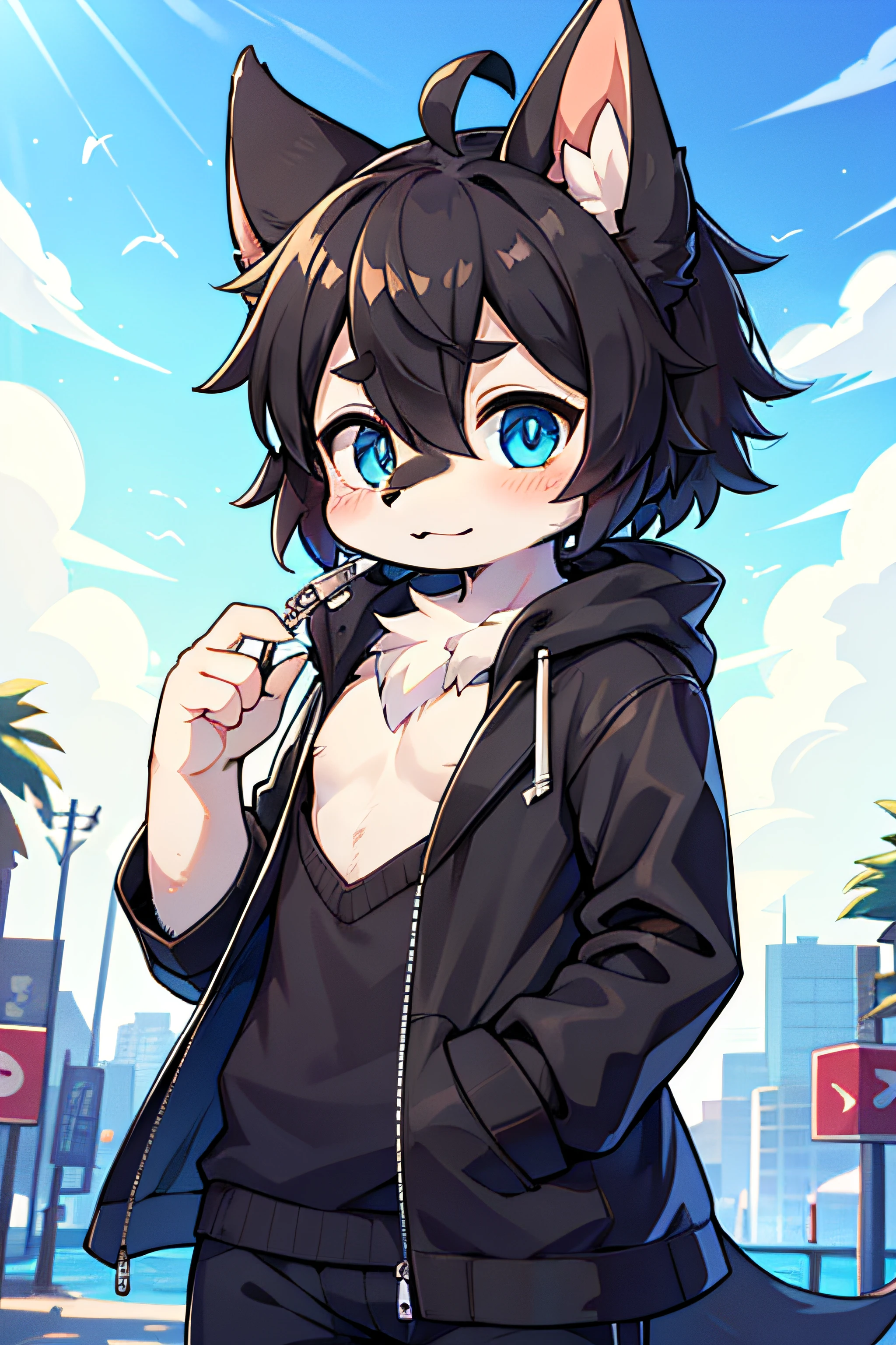 Hioshiru, Zorro, Femboy, ojos azul cielo, pelaje multicolor, pelaje blanco, dark brown fur, pelaje negro, con ropa de invierno, single, sonrojado