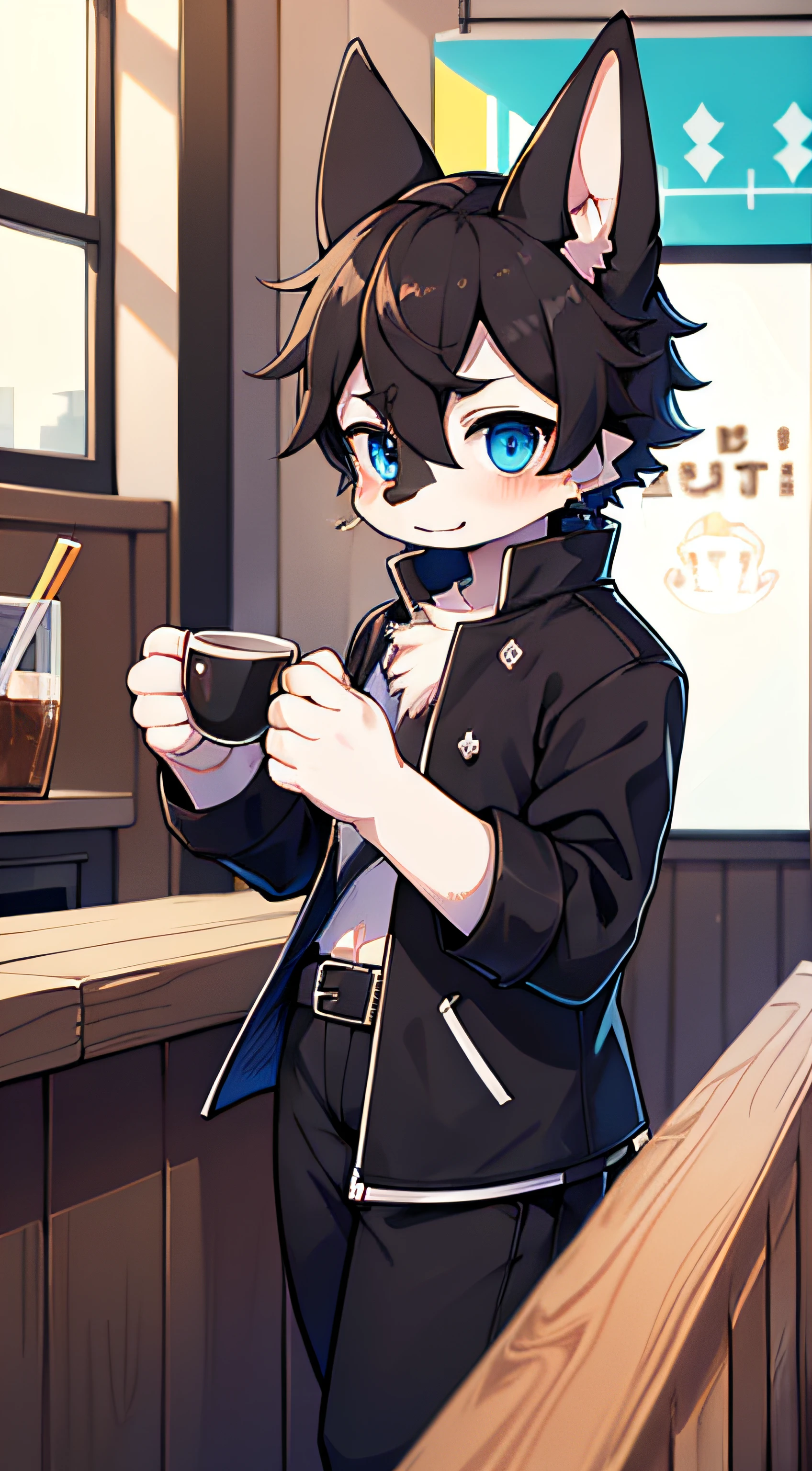 Hioshiru, Zorro, Femboy, ojos azul cielo, pelaje multicolor, pelaje blanco, dark brown fur, pelaje negro, con ropa de invierno, pareja, Serving coffee in a coffee shop