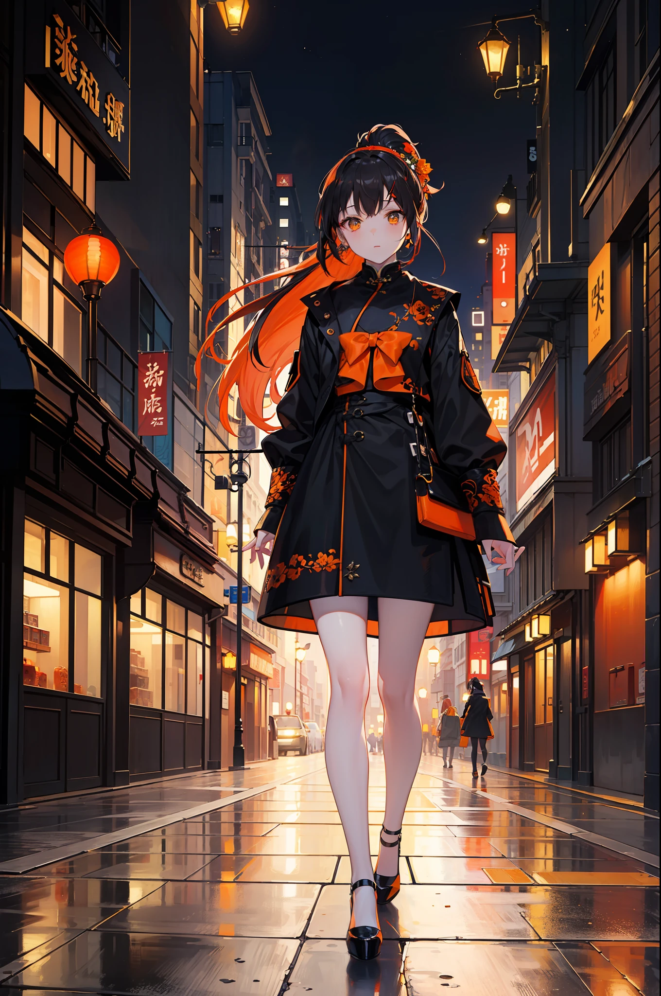 (masterpiece:1.5) (bestquality) highlydetailed ultra-detailed, (pale) (dark hair:0.7) (city sunset:0.8) in the streets of Shanghai, (fashionable:0.7) (modern buildings), (busy streets), (neon lights:0.5),1 girl,black hair, (ponytail : 1.2), long hair, (orange hair accessory : 0.7), amber eyes, (beautiful girl), bangs, princess hairstyle