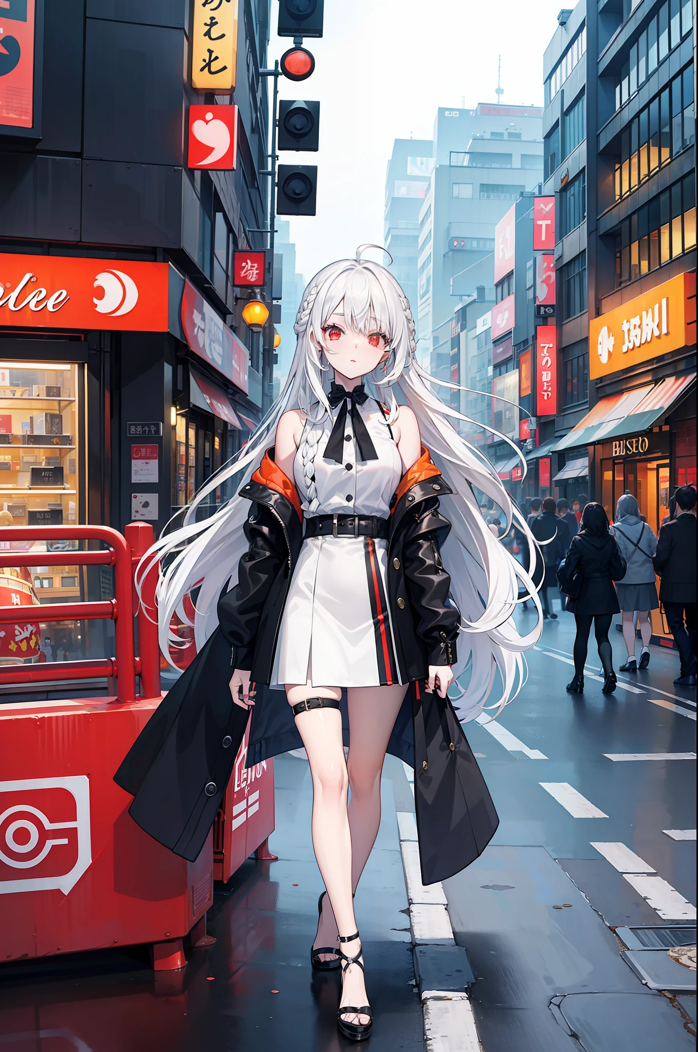(masterpiece:1.5), highlydetailed, in the crowded Tokyo street, (fashionable:1.2), trendy outfits, (colorful clothes:0.8), street style fashion, (people watching:0.9), (neon lights:1.2), busy intersections, (pedestrian crossing:1.1), (shops and cafes:1.3), (modern buildings:1.2), (vibrant atmosphere:1.1)1girl,bishoujo,stare,red eyes,beautiful detailed eyes,long hair,white hair,silver_hair,Wing-like bangs,ahoge,Hair rings,braid, cold