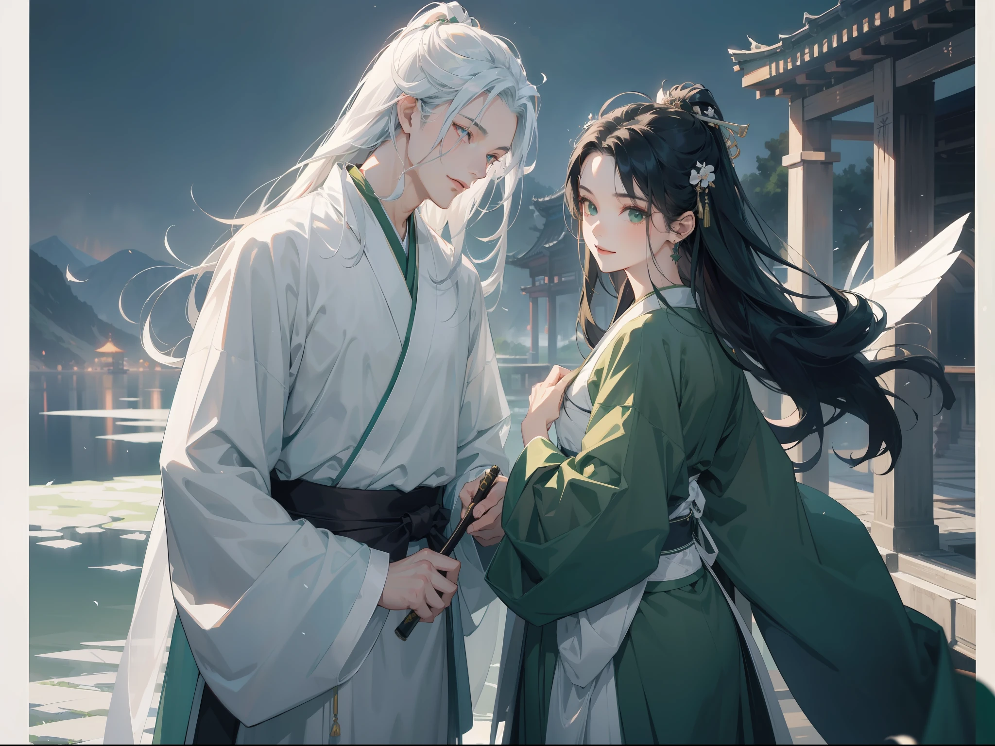tmasterpiece,Ultra-clear image quality,2guys,1girll,Long black hair fluttering,Green eyes,ssmile,Pale green hanfu,1 man,long white hair,White Hanfu,Look up at the perspective,dialogue,1 Background:Lakeside in the moonlight