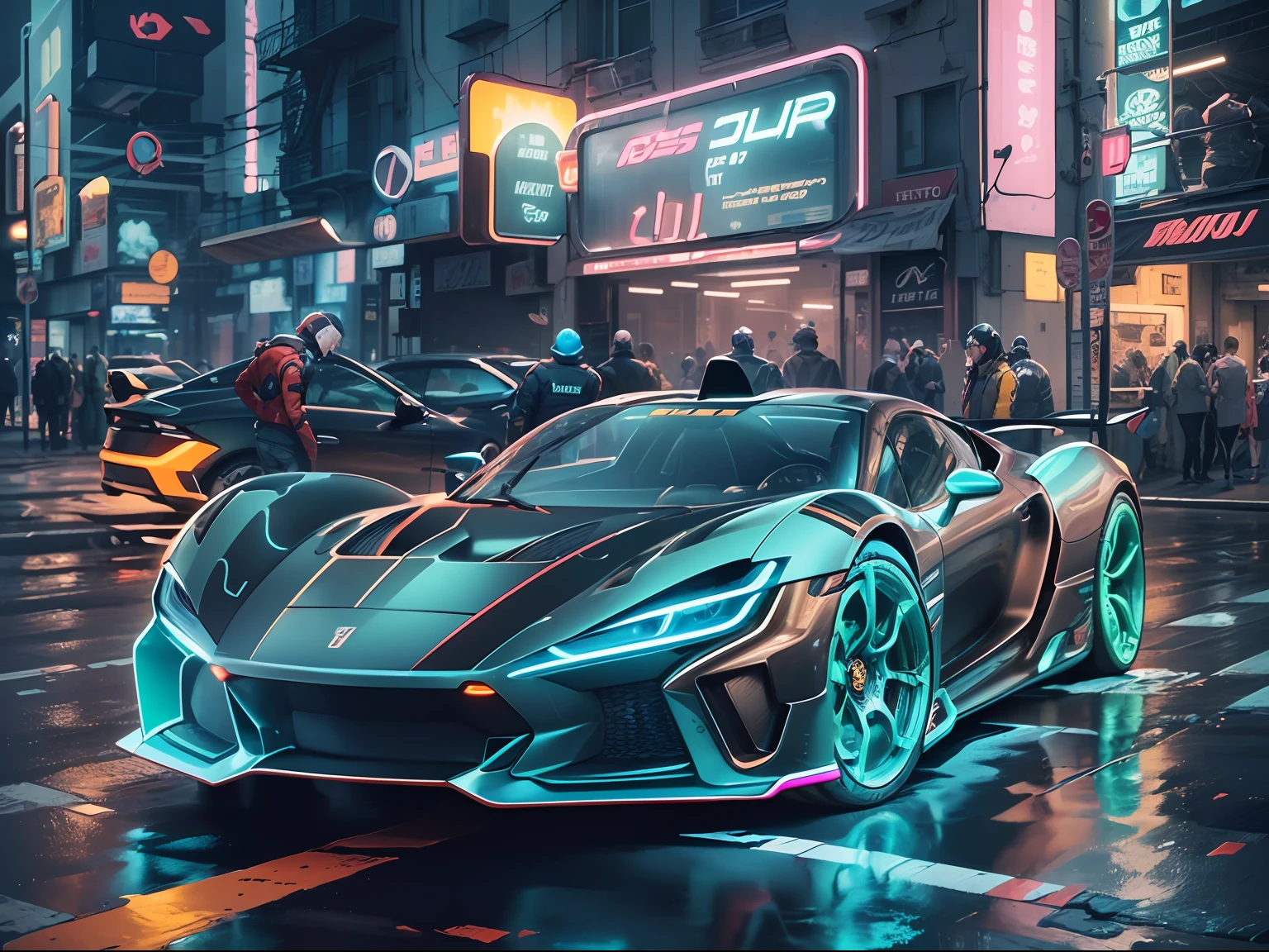 (1 transparent sports car on gorgeous city streets),Color transparent plastic,cyber punk perssonage,industrial design,Smooth design feel,Sophisticated body structure,cleanness,(((Transparent visual impact))),(((Brilliant neon lights))),white backgrounid,ultra-realistic realism,hyper HD,high detal,best qualtiy,4K