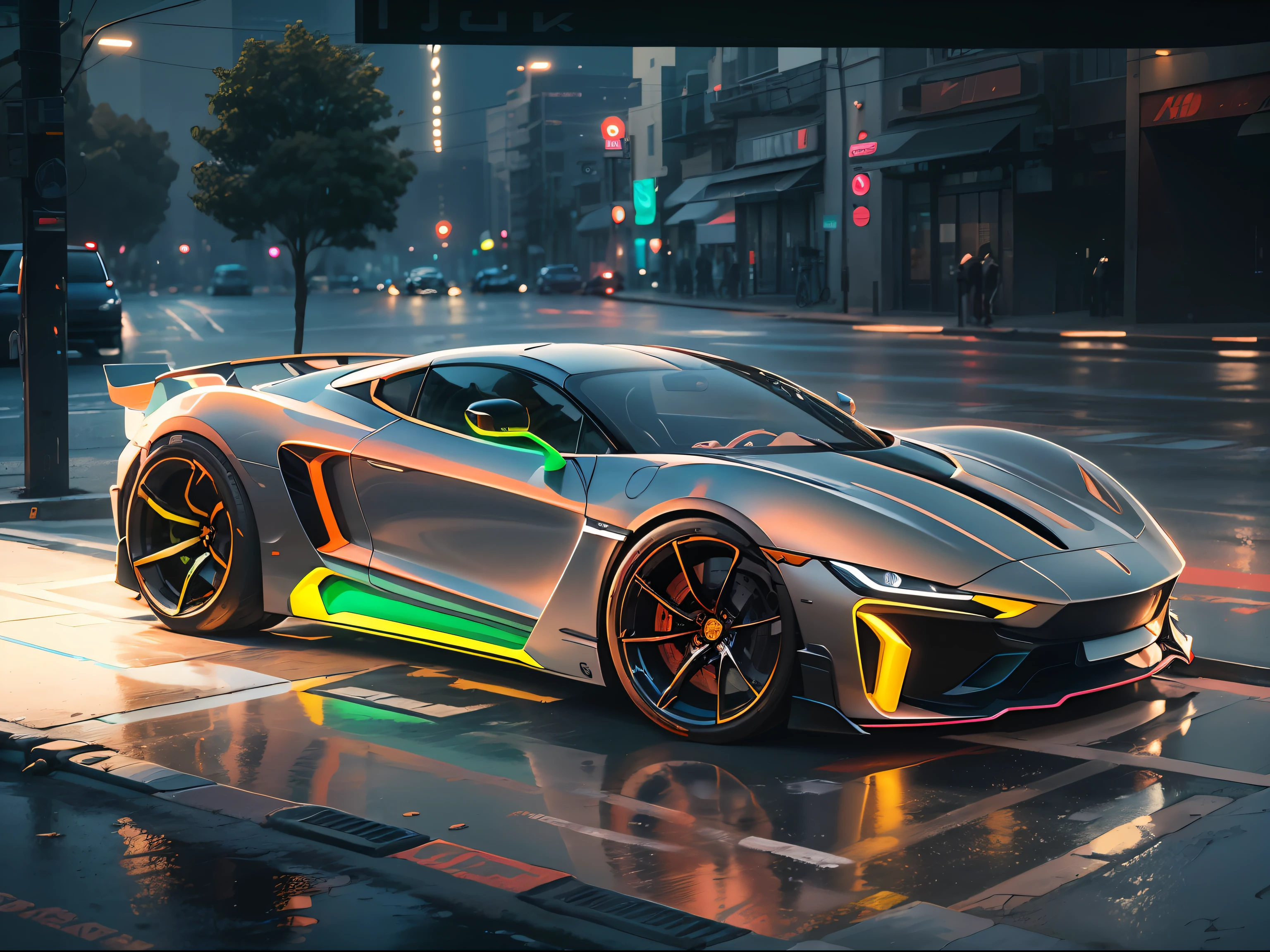 (1 transparent sports car on gorgeous city streets),Color transparent plastic,cyber punk perssonage,industrial design,Smooth design feel,Sophisticated body structure,cleanness,(((Transparent visual impact))),(((Brilliant neon lights))),white backgrounid,ultra-realistic realism,hyper HD,high detal,best qualtiy,4K