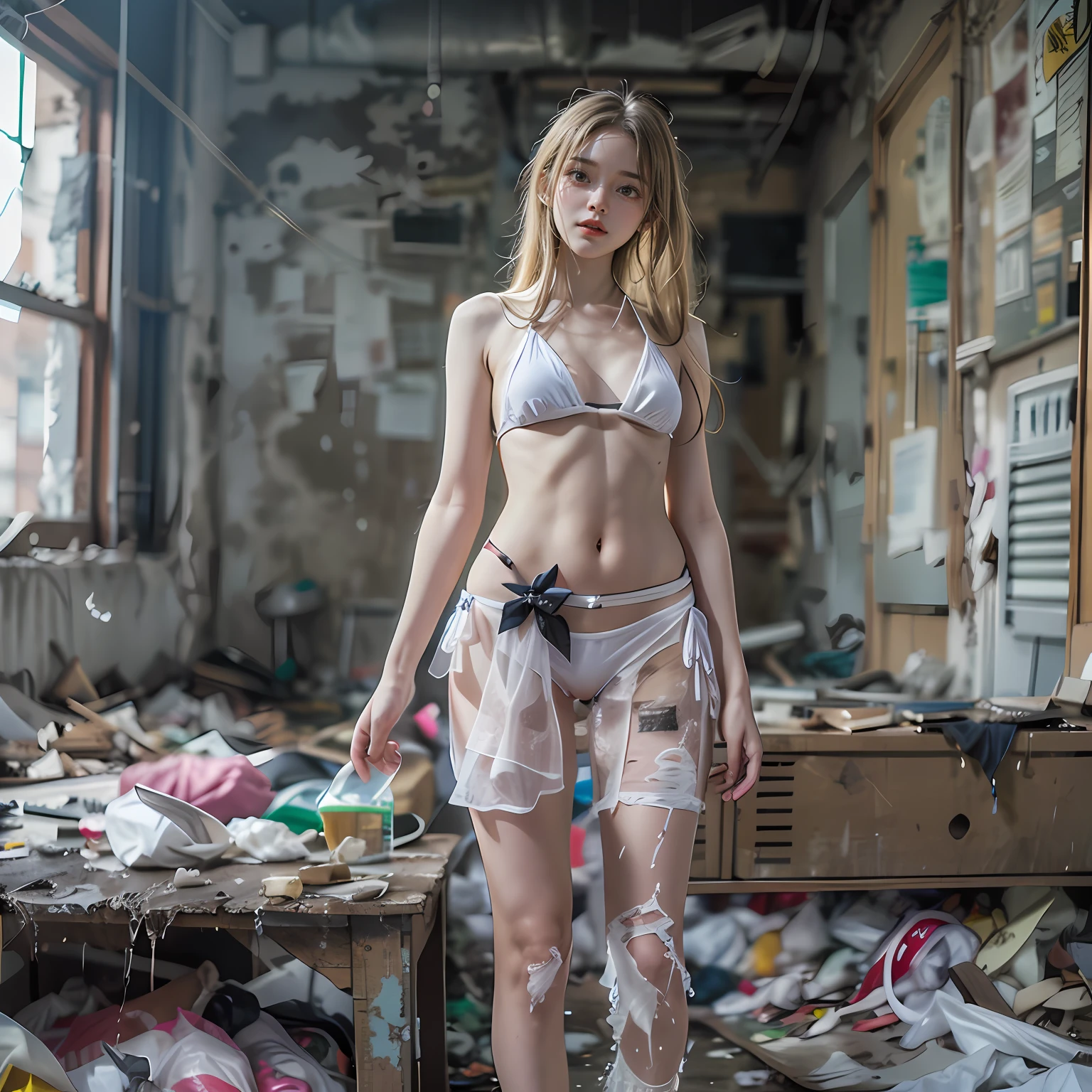 Abandoned schools，Sexy standing pose，White transparent bikini，Exposing the genitals ，Garbage all over the ground，Dilapidated，Devastated，best qualtiy，full-body portraits（1：1），18 years old girls，lean and slender body，Skinny，Smaller bust，The barefoot，Leaky ，Leakage of all breasts，Naked all over the body