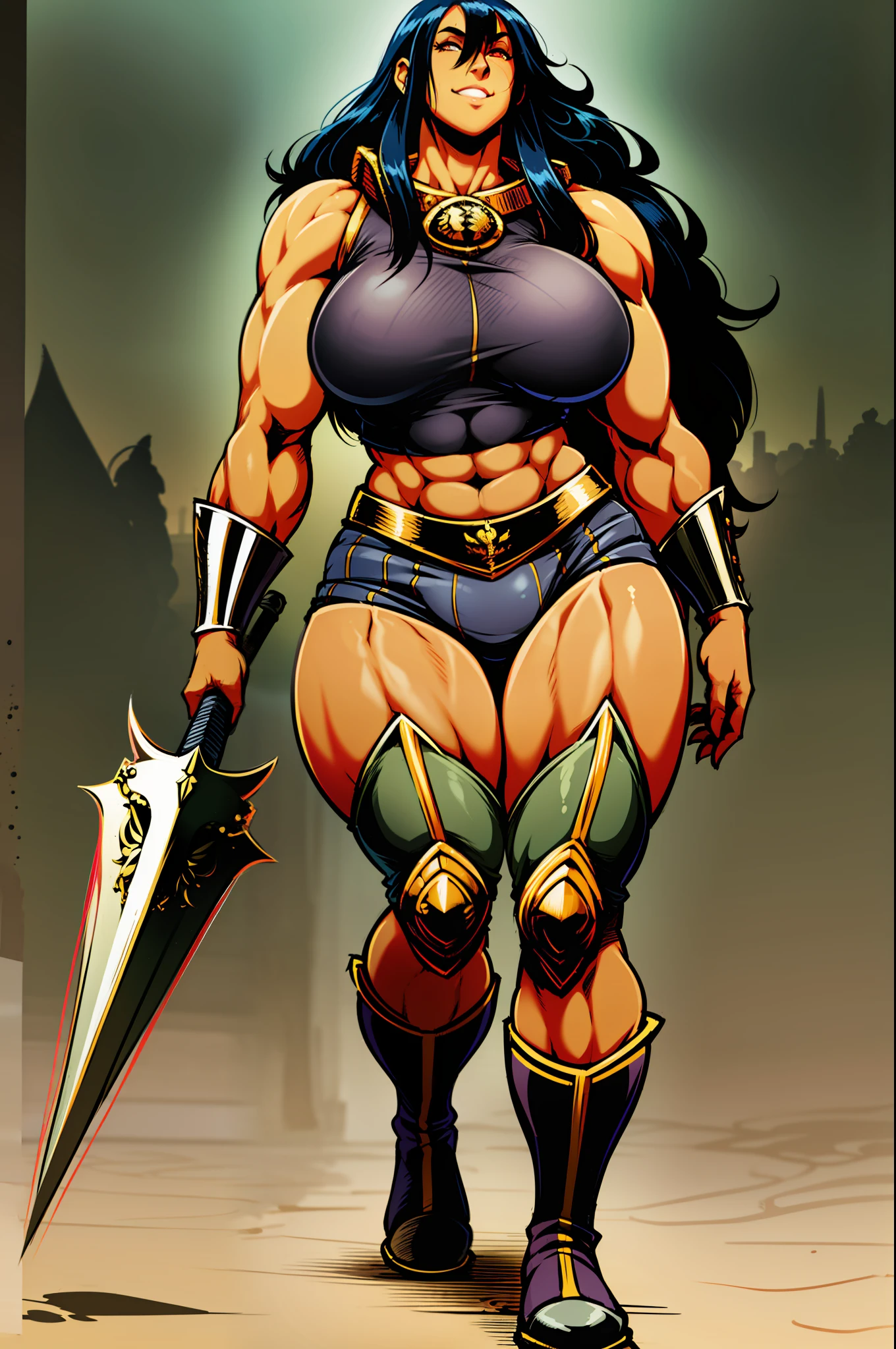 gogo, long hair, black hair, tallgirl,darkskinned-female,, musclegirl, fantasy,barbarian,berserker,huge breast,revealing cloths, full body, boots, holding lance, boots, , walking