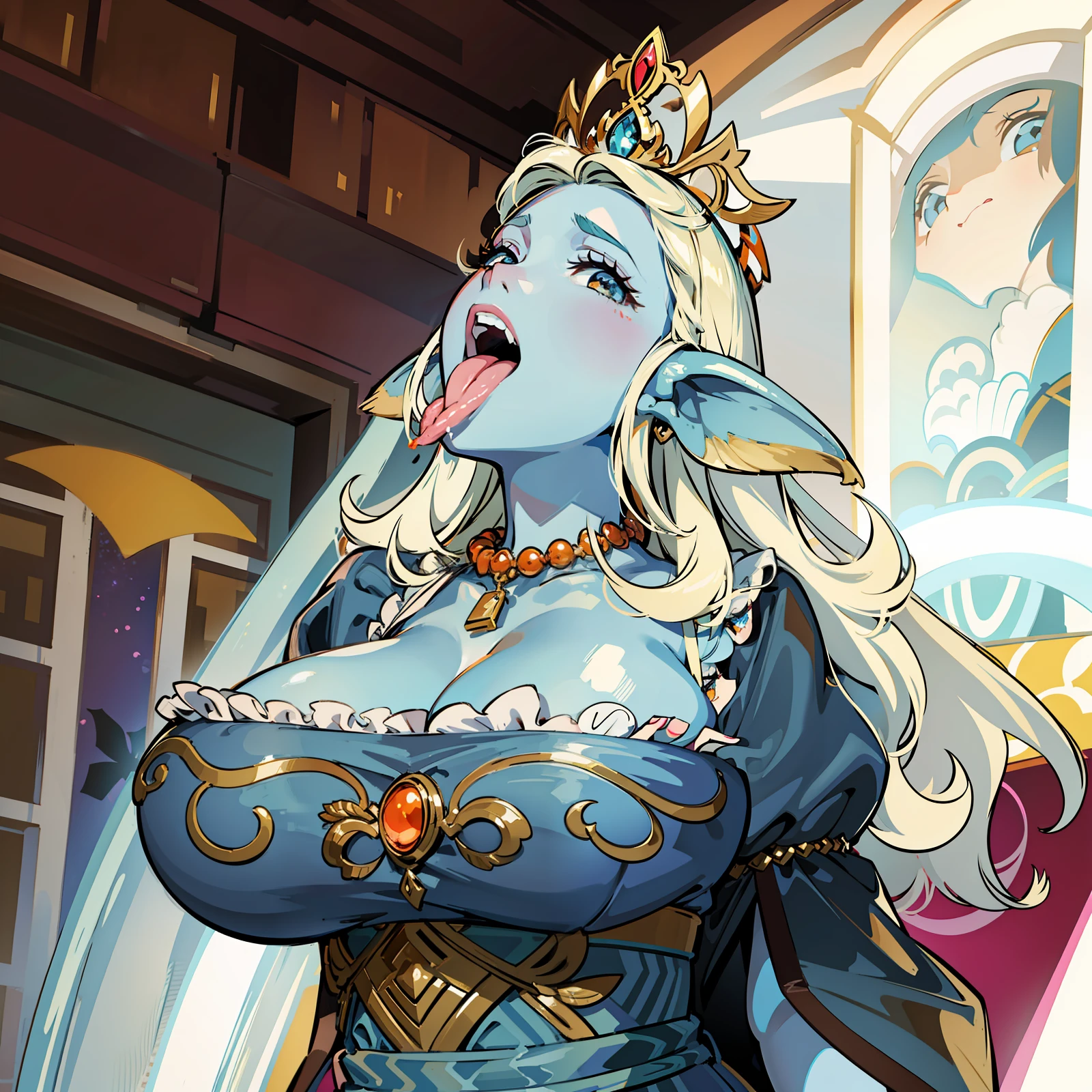 8K, highly accurate, Animation, married woman, Beautiful, Beautiful face, a small face, Beautiful, Bright, highlight in eyes, Sexy, ultra gigantic tits, Oversized breasts, , Erotic, , beautiful line art.
light blue skin, Light blue ,sticking out the tongue、ears with orange fins,,、Black Dress、diadems、Lick around 、penises、A penis is held out in front of the face、