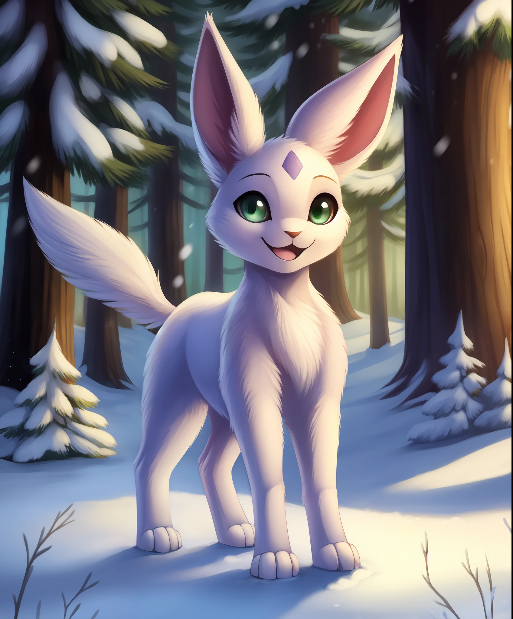 BREAK
solo, [espeon|glaceon|glaceon|espeon], ambiguous gender, feral, standing, looking at viewer, smile, open smile, green eyes, happy, bodypaint BREAK
detailed background, snow, forest, firefly