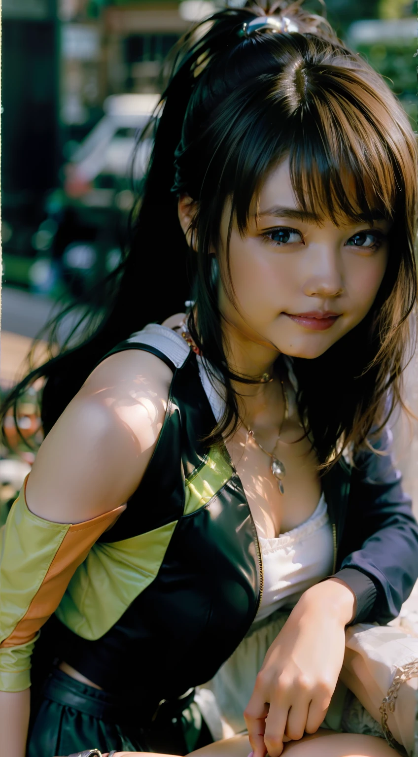 1girl in、Delicate and beautiful facial features、light make-up、Exquisite jewelry and necklaces、Delicate technology leather jacket with short upper body、Ultra mini skirt in delicate technical leather at lower body、Sitting on a green high-tech bike、flaxen ponytail、With smiling eyes、bare shoulders、Shows perfect curves and plump behind them、 Background Special Effects Neon、colourfull、colourfull、Highlight green motorcycle and girl、Top image quality、masterpiece、hight resolution、Complex motorcycle details、Emphasis on the creation of future technologies、Facial features are clear and not blurred,、Normal human finger、
