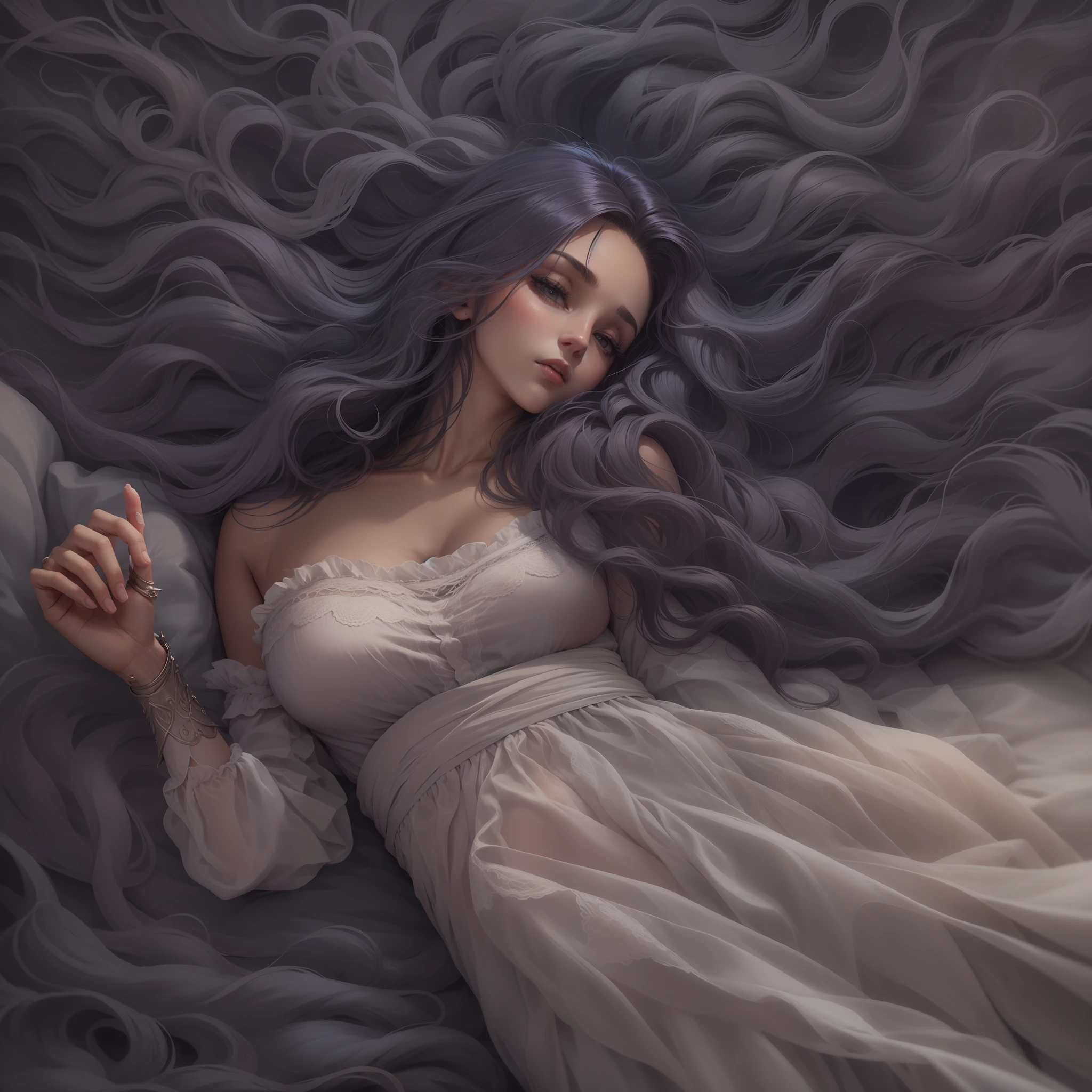 Uma mulher de cabelos pretos longos com franja deitada em uma cama nua, Arte de Fantasia, alto detalhe, imagem de corpo inteiro, imagem em alto detalhe