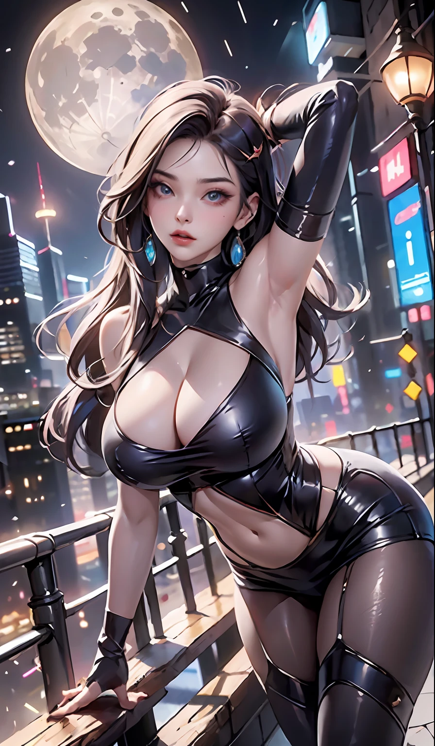 (tmasterpiece,4K分辨率,Ultra photo realsisim,The is very detailed),(Chinese online class face,Hero theme,Glamorous,there's a girl on top of town,wearing Spider-Man costume,metalictexture,Oversized breasts),Wear tech gloves,(18yr old),(brunette color hair:1.2),full bodyesbian,(eBlue eyes:1.2),(Spider-Man pose),Show power,jump from one building to another,(view over city,the night,dynamic lights),(moon full)Large breasts,gigantic cleavage breasts,