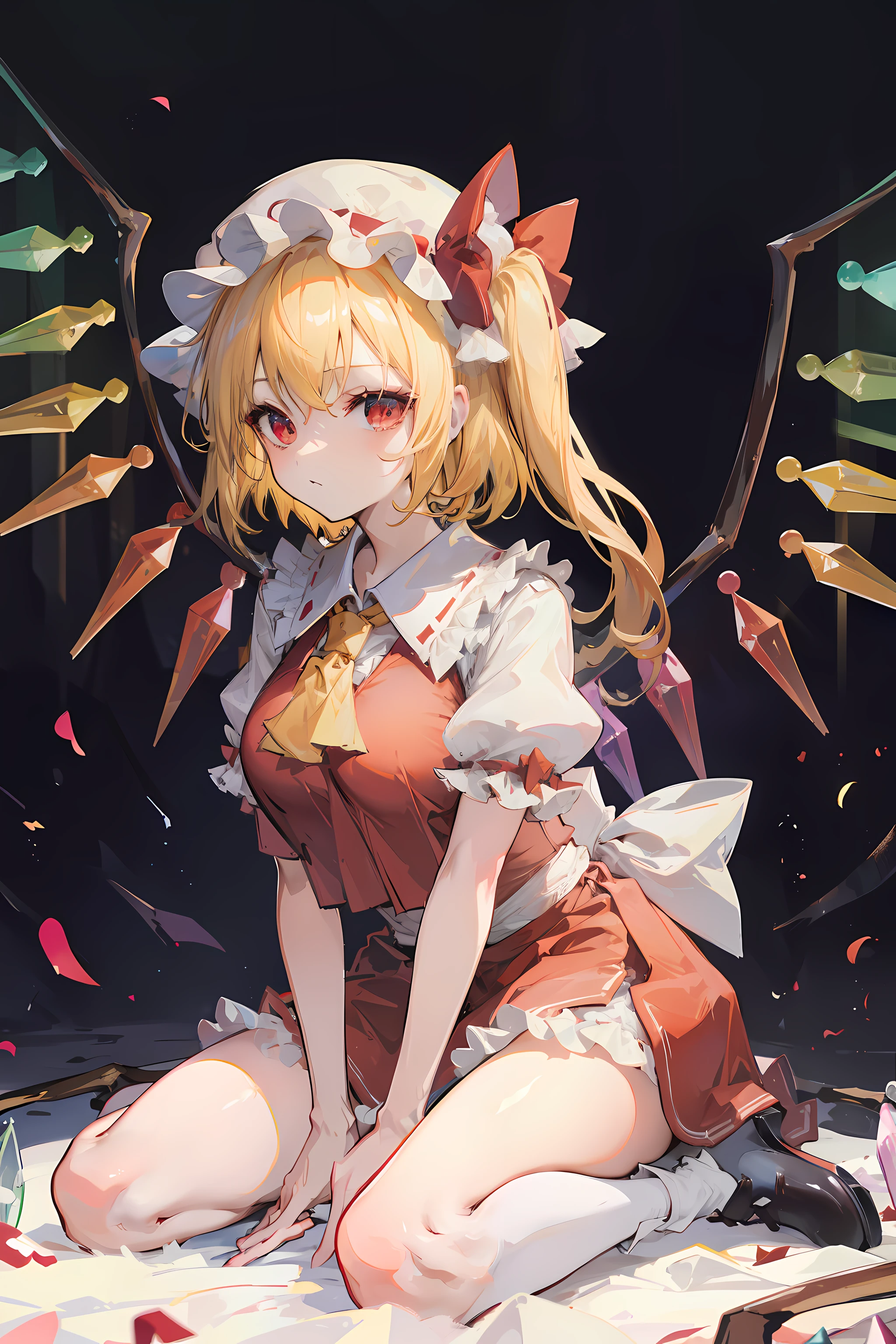 (masterpiece),best quality, expressive eyes, perfect face, 1girl,
big breast, H-cup, good breast, beautiful, gorgeous,anime,girl,lora, floating clothes, tent chest ,
 nipple visible  though clothes,flandre scarlet,
1girl,blonde hair,mob cap,hair bow,bowtie,side ponytail,wings,short sleeves,vest,ascot,1wings,1 pair of wings,W sitting, w sitting on ground, legs on ground, arms between legs, both arms between, hands between thighs