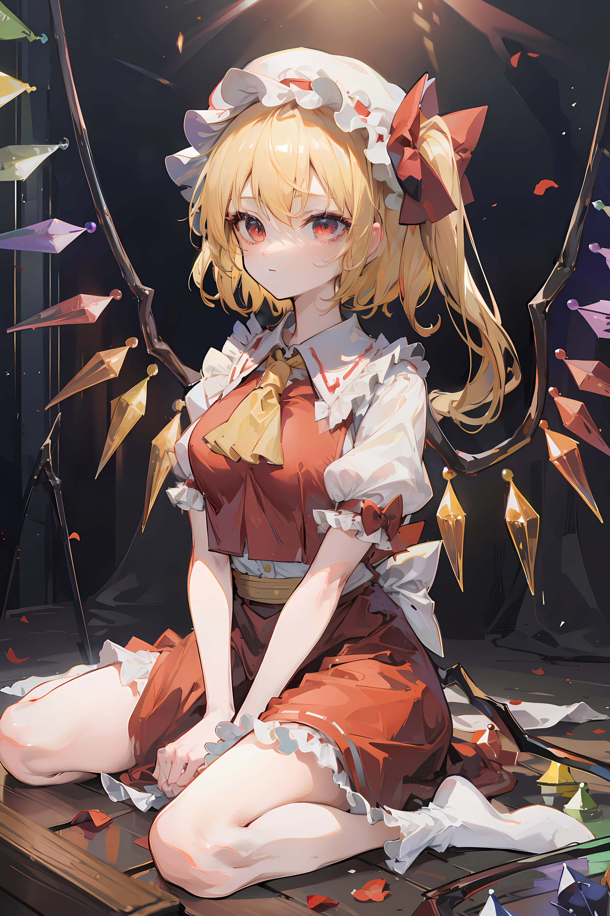 (masterpiece),best quality, expressive eyes, perfect face, 1girl,
big breast, H-cup, good breast, beautiful, gorgeous,anime,girl,lora, floating clothes, tent chest ,
 nipple visible  though clothes,flandre scarlet,
1girl,blonde hair,mob cap,hair bow,bowtie,side ponytail,wings,short sleeves,vest,ascot,1wings,1 pair of wings,W sitting, w sitting on ground, legs on ground, arms between legs, both arms between, hands between thighs