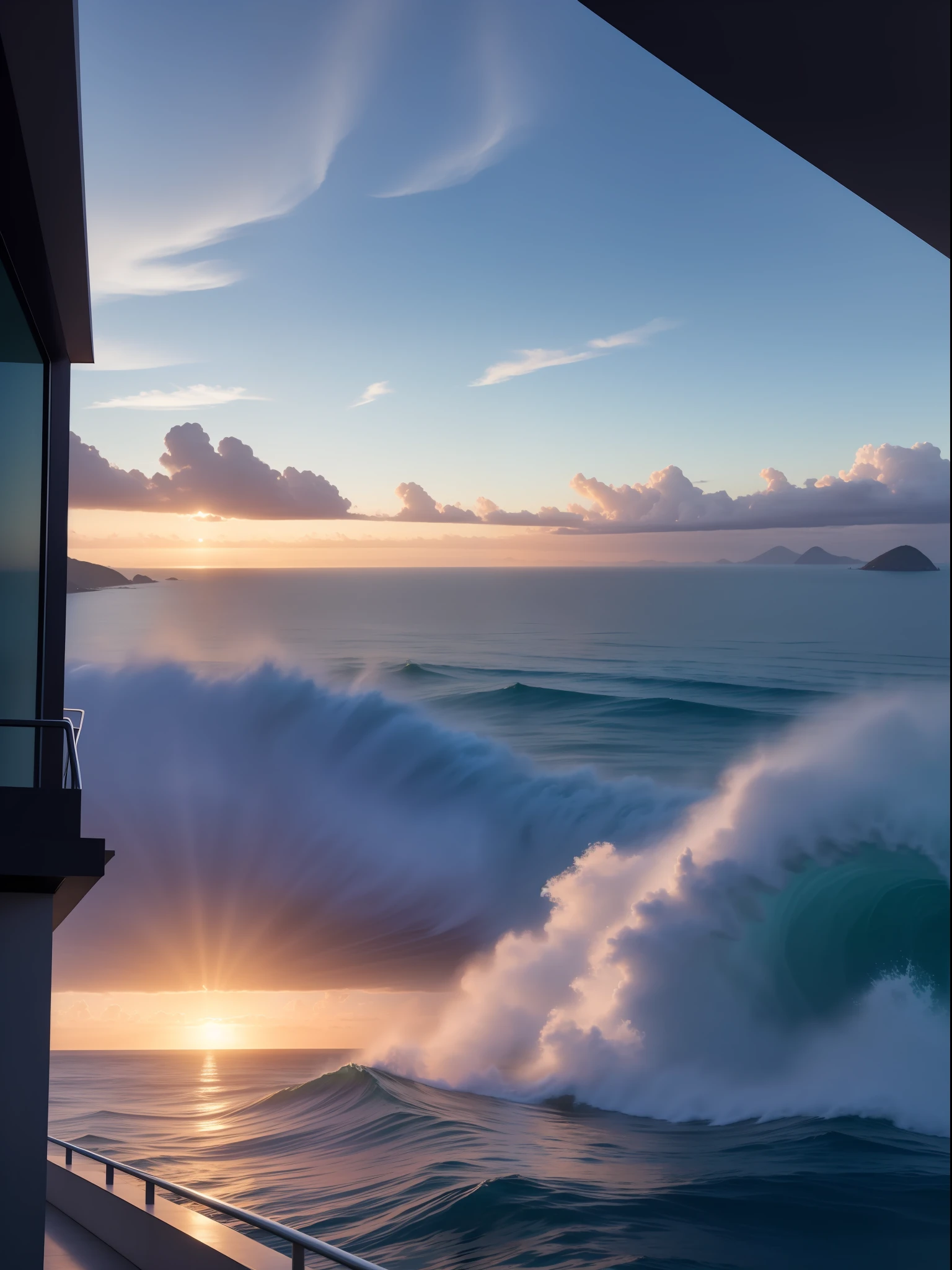 "Develop an AI capable of creating an artistic representation of a dramatic scene: the panoramic view of the ocean from the windows of an elegant apartment in Rio de Janeiro. As ondas do mar agitado batem contra as rochas com vigor, creating white foams that stand out against deep blue water. The sky is covered by charged clouds, iluminado pelos tons dourados do entardecer. The scene should capture the intensity of nature and the sense of strength of the water, conveying a mixture of admiration and respect for the grandeur of the ocean."
