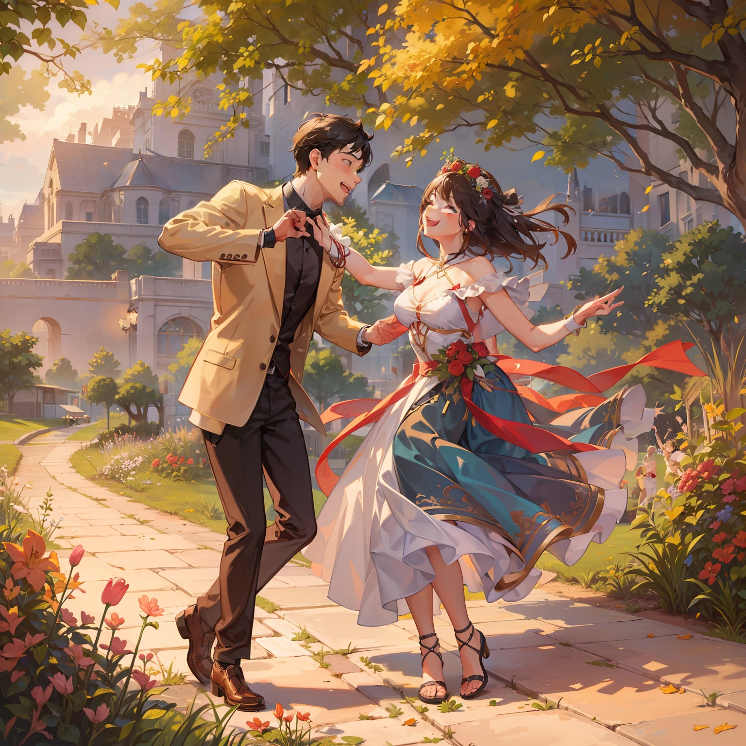 a couple, 1boy, 1 girl, dancing together, musical, smile, laugh, romantic atmosphere, landscape