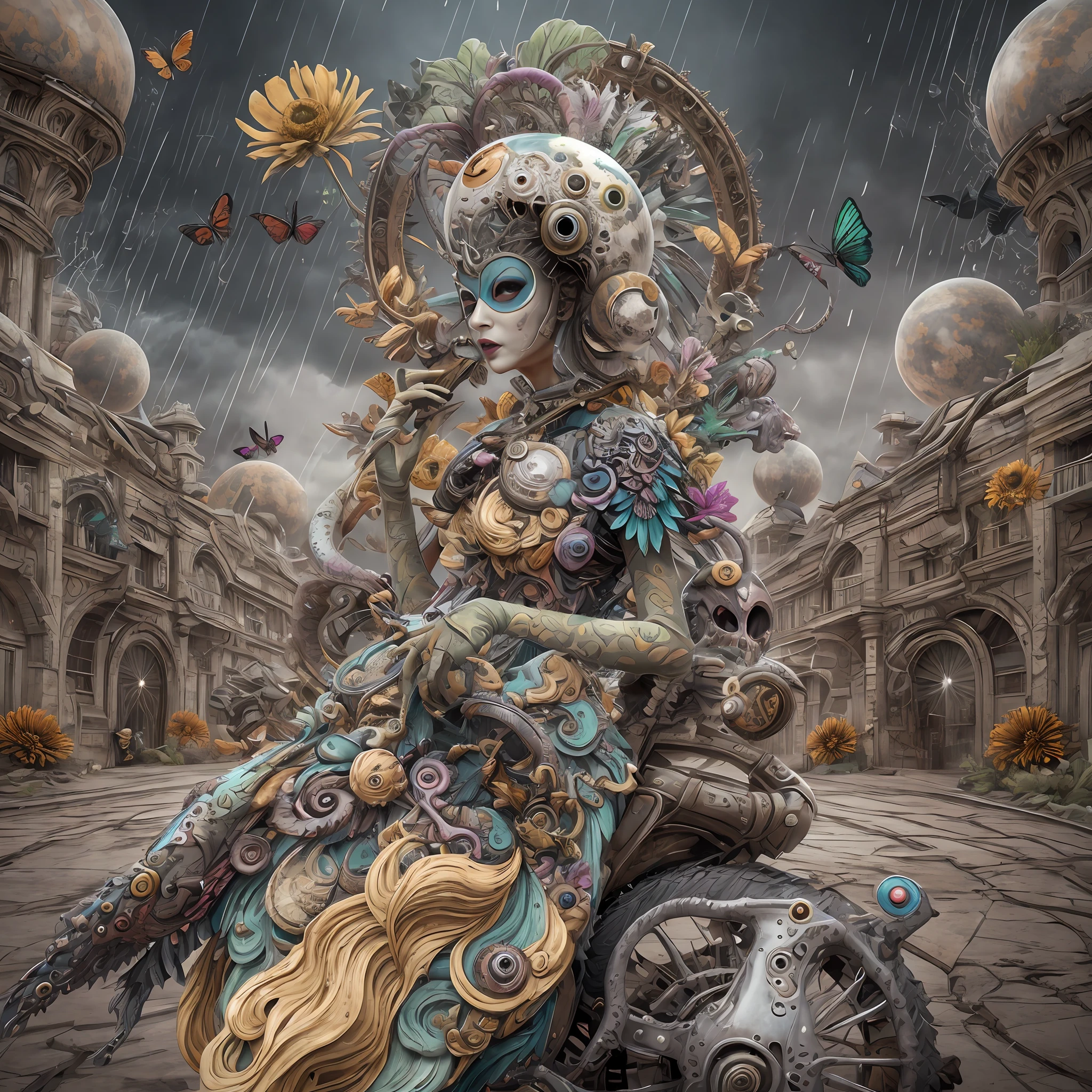 Wantz monster design,intriguing,High color saturation,swirles,Hyper-realistic, Ultra-detailed,Ultra-stereoscopic,MuCoi,Drip style - paint - 1900,tentaculata,round eye,Digital art by Ray Caesar and Hannah Hch and Stephen Burrows, A beautiful young woman in action pose, centered in frame, Wide shot, Lively breasts, Mask, Pop surrealism, neo-dada, Spectacular, spectacle, Masterpiece, Private collection, Featured collections, behans, a 3D render, Cracked clay, Gothic, Bright colors, Supersaturation, Depth, spirals, fibonacci sequence, shells, Wings, Butterflies, Flowers, gear wheel, tunnel, surreal environment, Fractal geometry, game assets, City scene, Modern makeup, Long eyelashes, Rain drops, Chiffon dress, Rococo, bangle, Punk rock, Subversive art, Dirty, Dirt, Skiff, Mid-cut jeans, Specular highlights, Pondering, ambient occlusion render, Detailed, Parade Square, ((isoline)), armature, Detailed, elaborate, complex, Desert, Mountains, Cart, The Car, Stormy sky, Moonlight