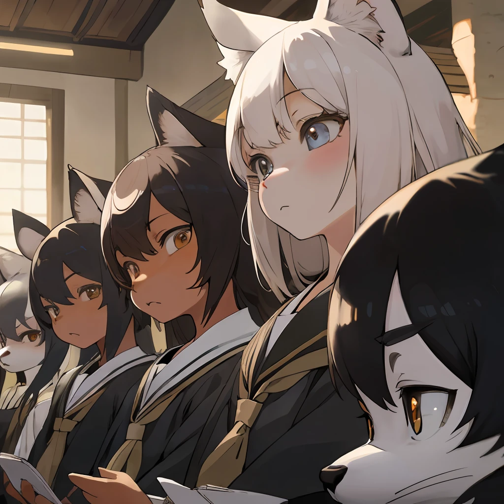 dynamic angle, top quality, best quality, High-quality illustrations, masterpiece, super high resolution, detailed background, detailed background, School Graduation Ceremony, group shot:0.1, 6+boys, 6+girls, absurdres(highly detailed beautiful face and eyes)perfect anatomy, expression, good lighting, cinematic shadow(kemono, furry anthro),