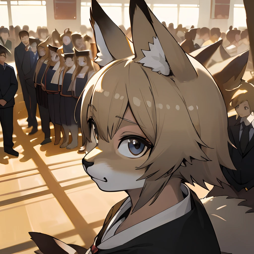 dynamic angle, top quality, best quality, High-quality illustrations, masterpiece, super high resolution, detailed background, detailed background, School Graduation Ceremony, group shot:0.1, 6+boys, 6+girls, absurdres(highly detailed beautiful face and eyes)perfect anatomy, expression, good lighting, cinematic shadow(kemono, furry anthro),