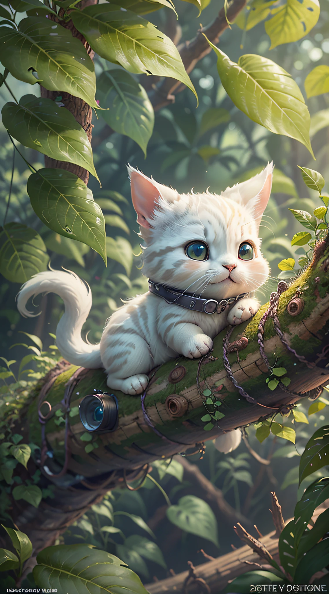 There is a little white cat sitting on a log with a camera, one eye to take pictures, cute digital art, cute digital painting, cute detailed digital art, cute 3 D rendering, cute cartoon characters, cute anthropomorphic rabbit, cute cartoon, cute detailed artwork, cute cute art, cute cute photos, cute animals, cute cute characters, cute creatures