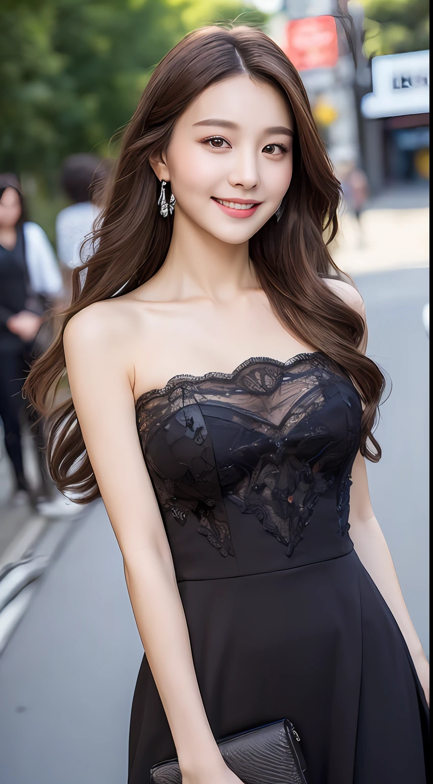 ((Best quality, 8k, Masterpiece :1.3)), 1girl, smiling, full body, slim face, Pretty woman, (Dark brown hair), full length dress :1.1, Ultra-detailed face, Detailed eyes, Double eyelid, blur background, slim face, city, outside, street,