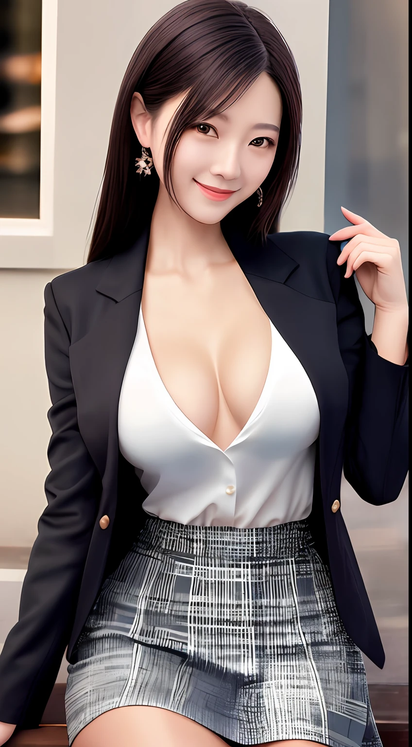 top-quality, masterpiece, 1girl in, beautiful countenance, (photographrealistic:1.3), Rim lighting, (High Detail Skins:1.2), 8K UHD, Digital SLR, hightquality, hight resolution, 4K, 8K, bokeh dof, absurderes, best ratio four finger and one thumb, (realisitic:1.3), pretty 1girl, Wearing a black formal blazer, middlebreasts, a short skirt,japanes、smil