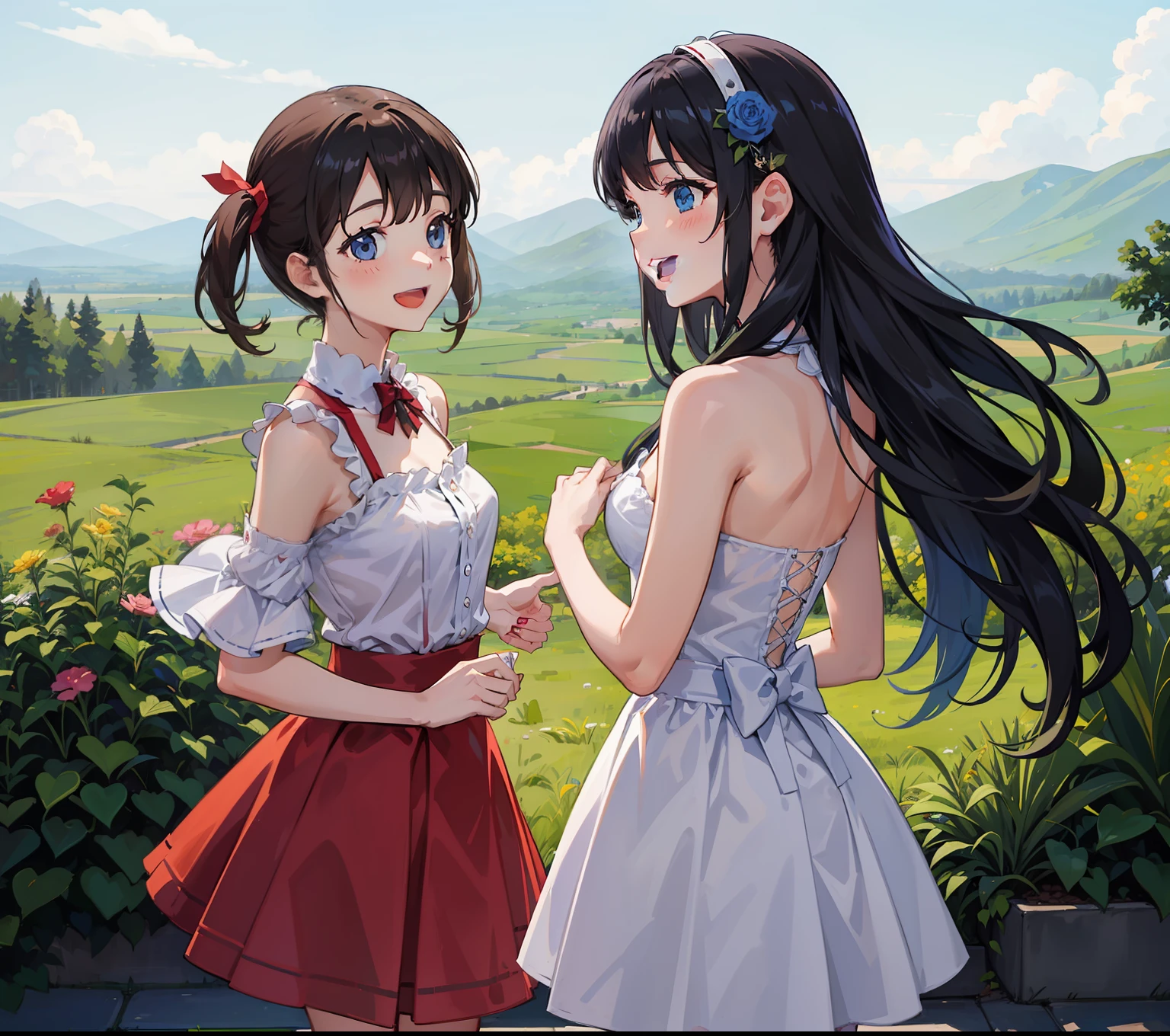 Two girls,2girls,laughing,happy,from_back_view,landscape,happy_atmosphere