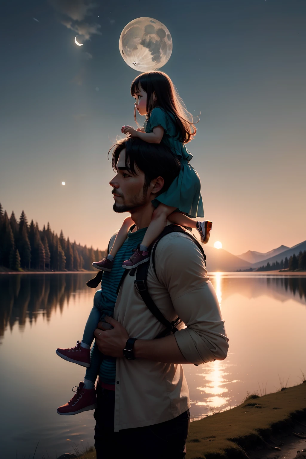 A man carrying his young daughter on his back points to the moon in front of a lake and a deer beside them
